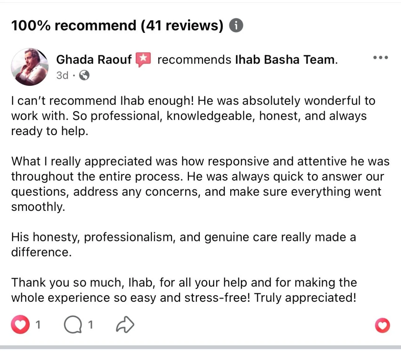 Thank you so much Ghada for your kind testimonial 😀 really appreciated it 🙏 I had so much fun and enjoyed working with you and Fady 😊

#ihabbashateam #basharesults #yourlocalrealtor #aboveandbeyond #milton