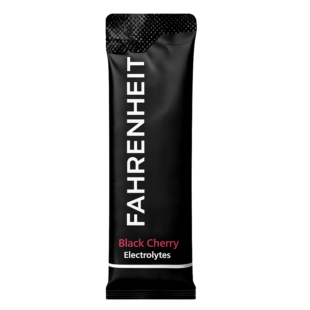 Black packet of Fahrenheit Black Cherry electrolytes drink powder