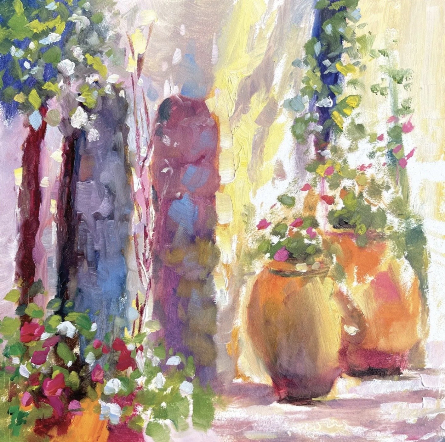 Sunlit courtyard, Pleovence • oil on 6 x 6" board • sold