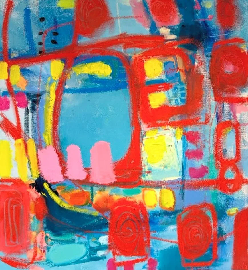 'What stops me'... oil painting on 22x20" canvas. It may be all the bright red in this one, and a reflection of the current season, but this one is giving me some festive vibes! &hearts;️ 

#abstract;