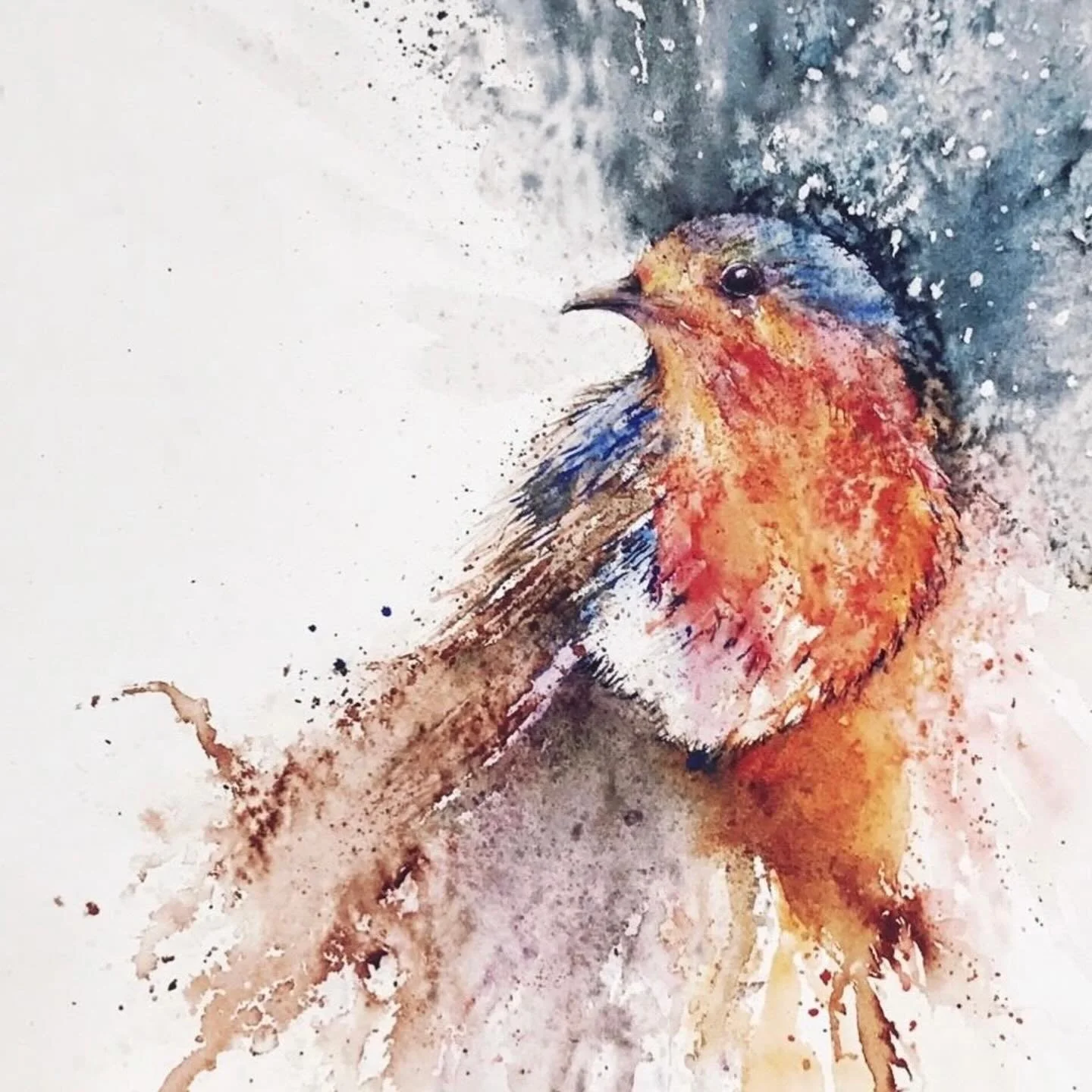 Watercolour robin with lots of abstract background textures (salt, wet in wet, etc), on 11x11" paper (sold).

#watercolourpainting #watercolorart #watercolourrobin #wildlifeart #watercolourartist