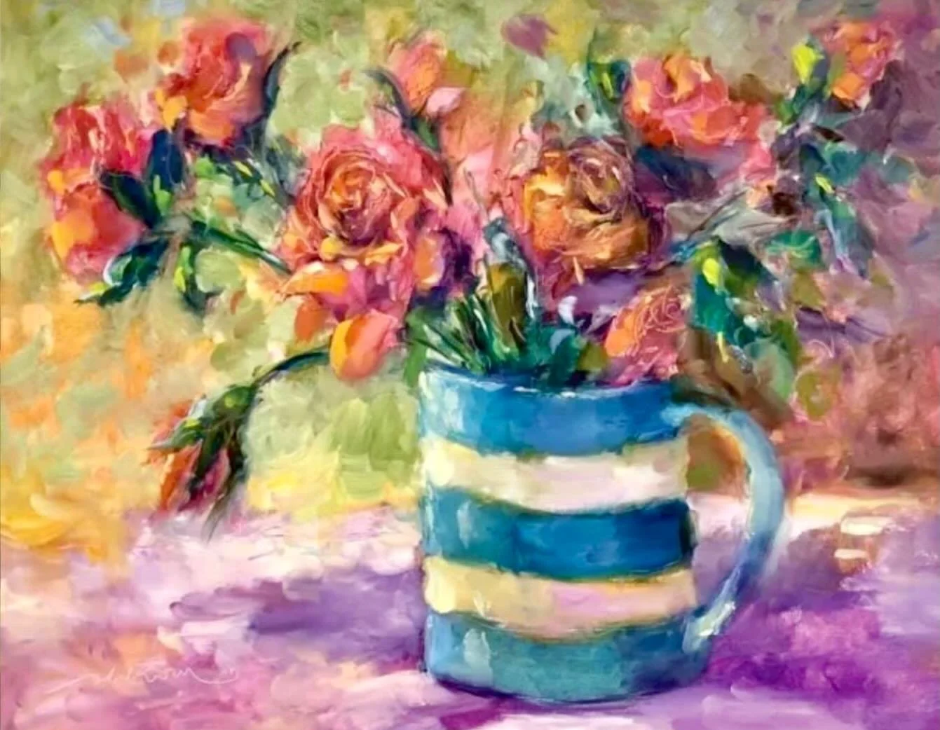'Dawn's roses in the Cornishware mug', oil on 11x14" board. My lovely sister-in-law Dawn gave me these artificial roses, and they've been in a few paintings so far, and I'm sure they'll be in many more - a source of floral beauty in all seasons 