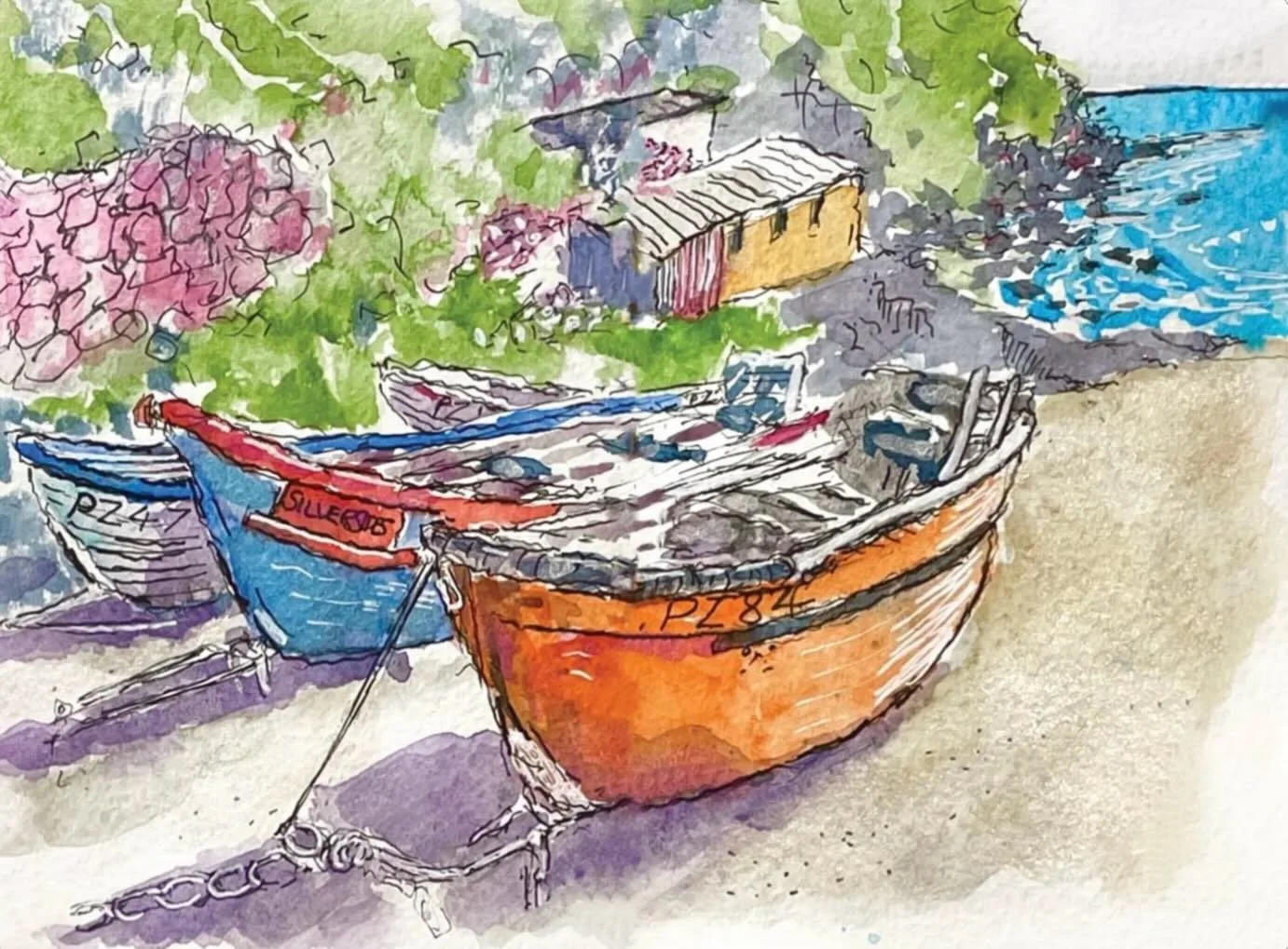 🚤 Sharing my sketchbook pages too! Boats at Cape Cornwall, pen and wash in my @moleskine watercolour journal 🖊️ 🎨📓

#sketchbook #penandwash #penandwatercolour #penandwatercolor #watercolour sketchbook