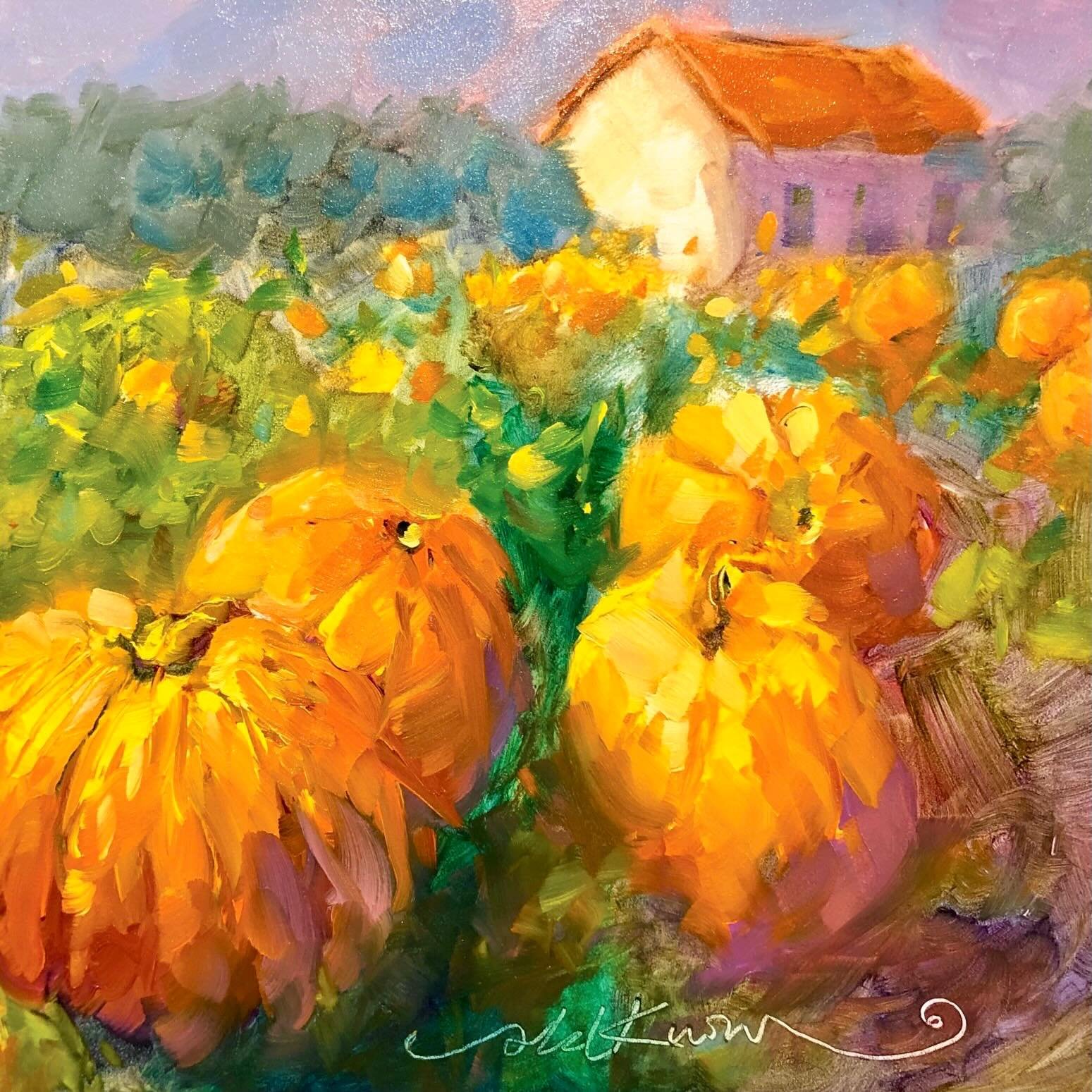 It&rsquo;s pumpkin season! Doesn&rsquo;t seem like five minutes since it was sunflower season&hellip; 🎃🎃🎃
Both make lovely things to paint! 🎨 &lsquo;The pumpkin patch&rsquo;, oil on 6x6&rdquo; board&rsquo;