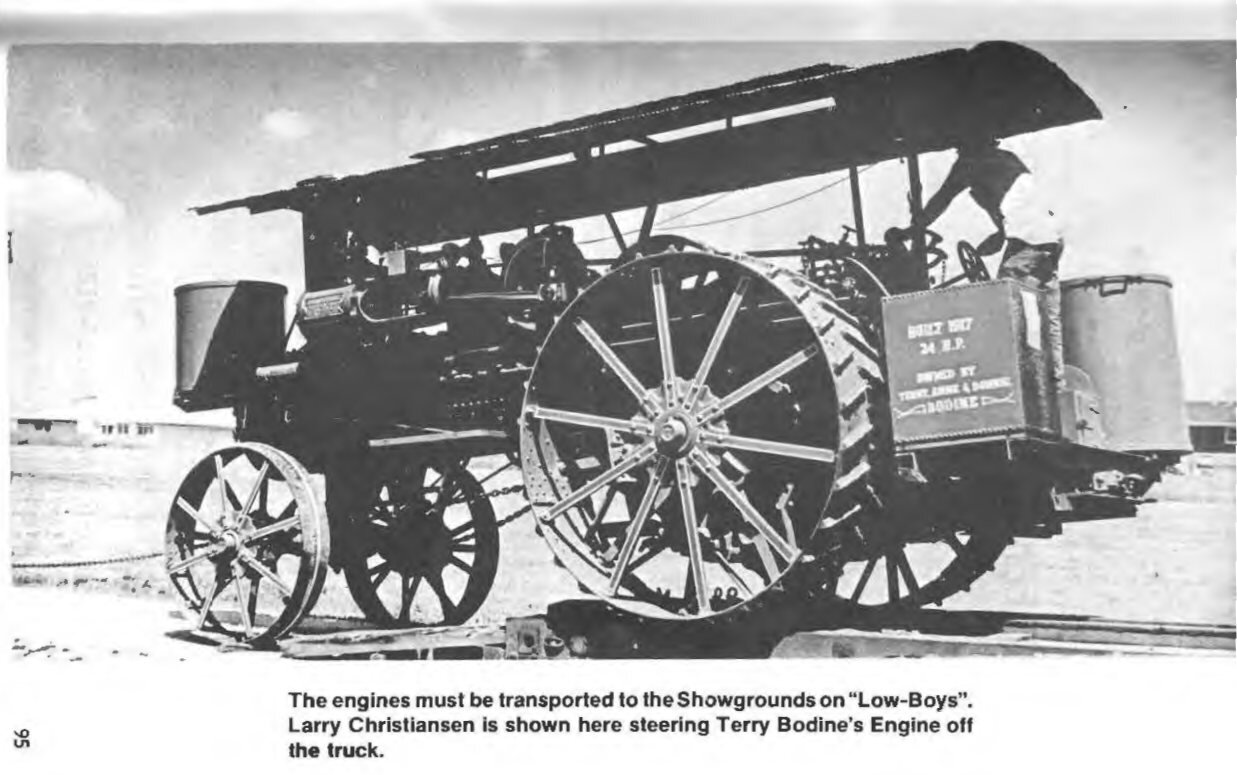Flashback to Larry Christiansen steering Terry Bodine's engine off of the truck. The engines must be transported to the Showgrounds on &quot;Low-Boys.&quot; This photo is from our 1976 show book.

#WillCountyThresh #FarmLife #tractorhistory #farmshow