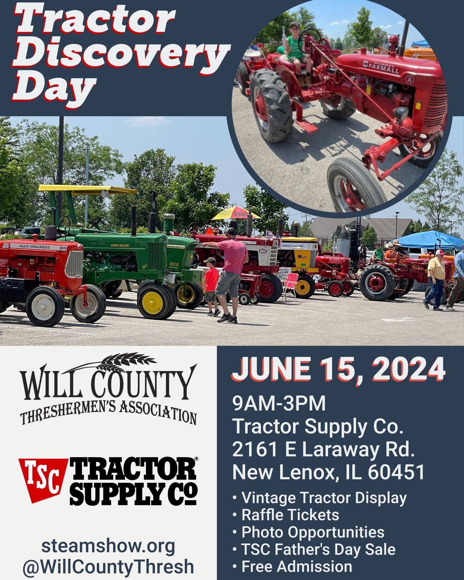 Rev up your summer at Tractor Discovery Day on June 15th, 2024, with the Will County Threshermen's Association at Tractor Supply Co. in New Lenox, IL! Explore vintage tractors, enter the WCTA annual raffle, and enjoy great deals on outdoor essentials