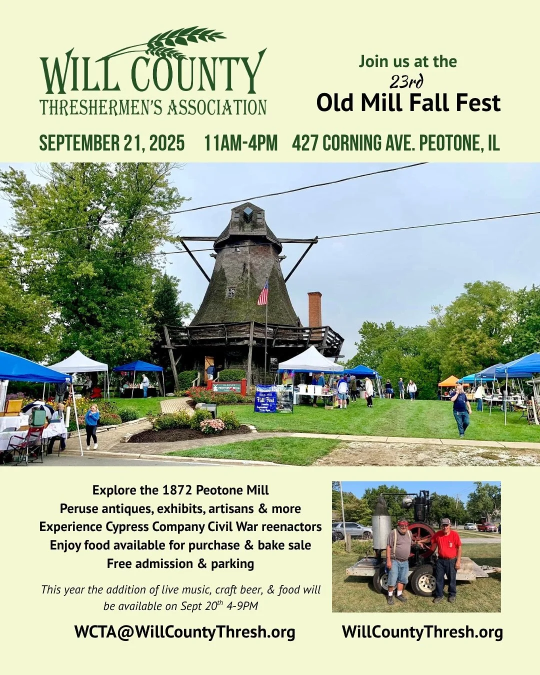 Join us at the Peotone Old Mill Fall Fest!
September 21st from 11AM-4PM

Peotone Mill 427 West Corning Avenue Peotone, IL

WCTA will be showcasing some of our member restoration projects! 

Explore the 1972 Peotone Mill
Peruse antiques, exhibits, art