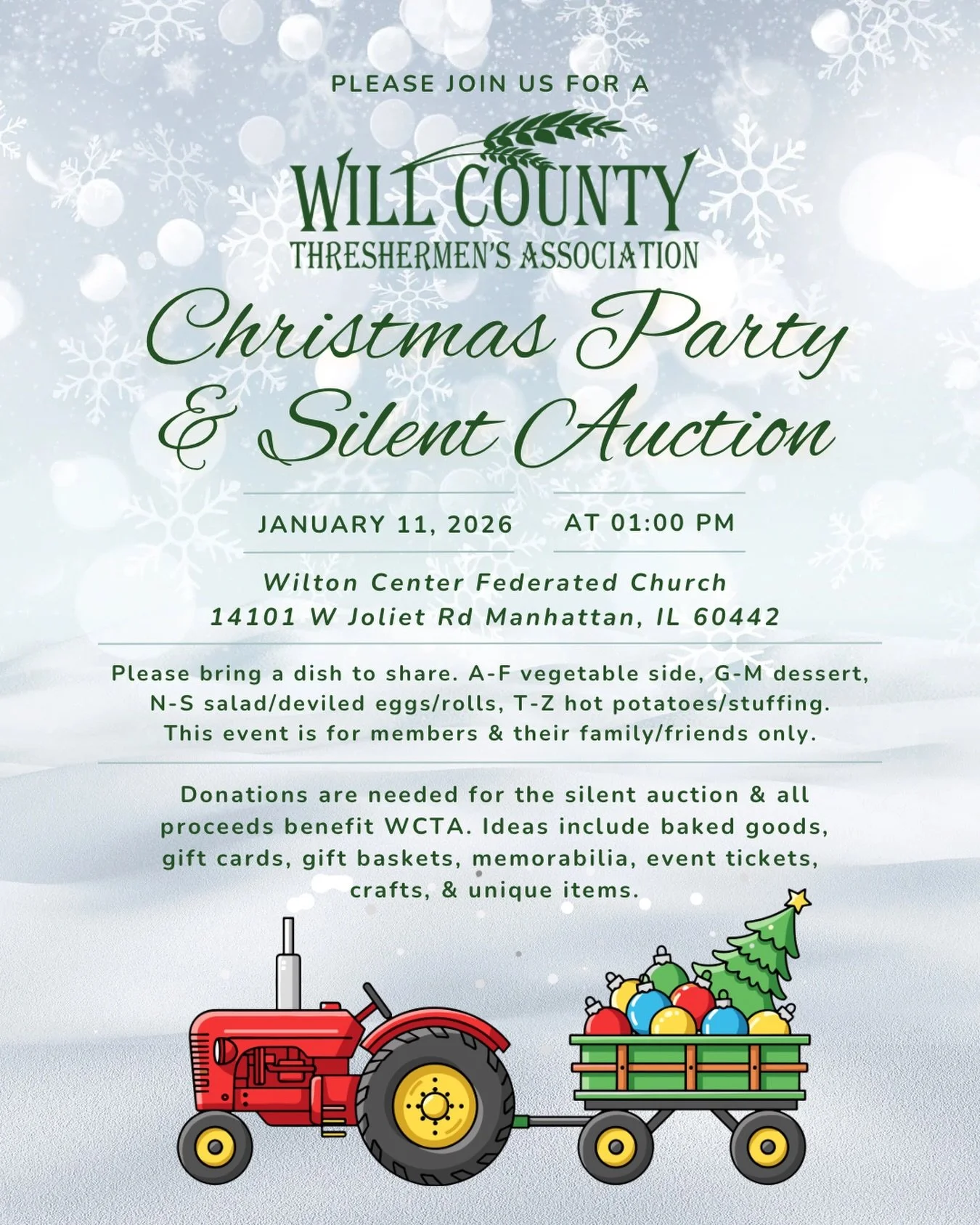 WCTA Members &mdash; please join us for our Member Christmas Party &amp; Silent Auction!

Our January meeting will be a festive gathering to celebrate the season together.

Member Christmas Party &amp; Silent Auction
📅 January 11
⏰ 1:00 PM
📍 Wilton