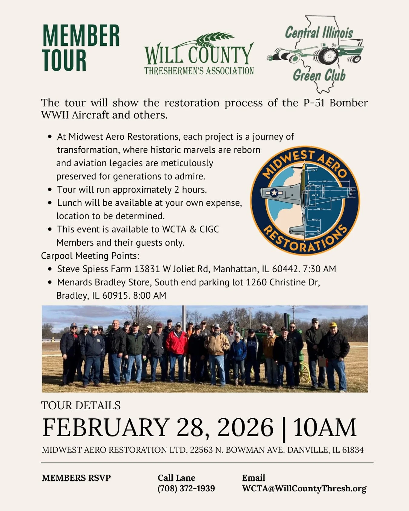 We look forward to seeing our members and guests this Saturday, February 28 at 10:00 AM for our Member Tour at Midwest Aero Restoration in Danville.

We&rsquo;ll be exploring the restoration process of the P-51 WWII Bomber and other historic aircraft