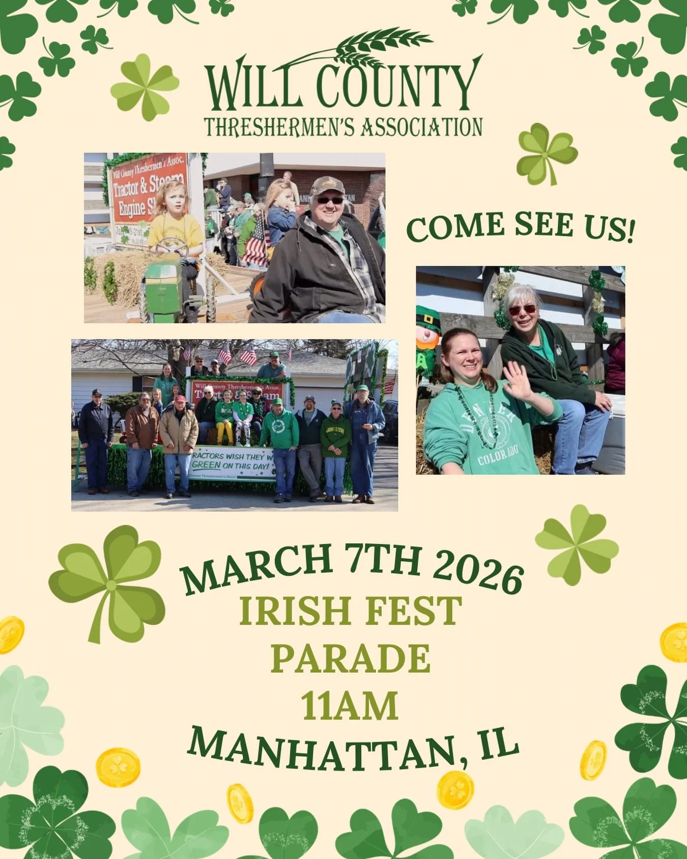 It's parade day! Join WCTA on float #49 at the Manhattan Irish Fest parade on March 7th, 11AM. Expect a day full of shenanigans! Don't be late, arrive by 10AM as roads close downtown. #willcountythresh #manhattanirishfest2026