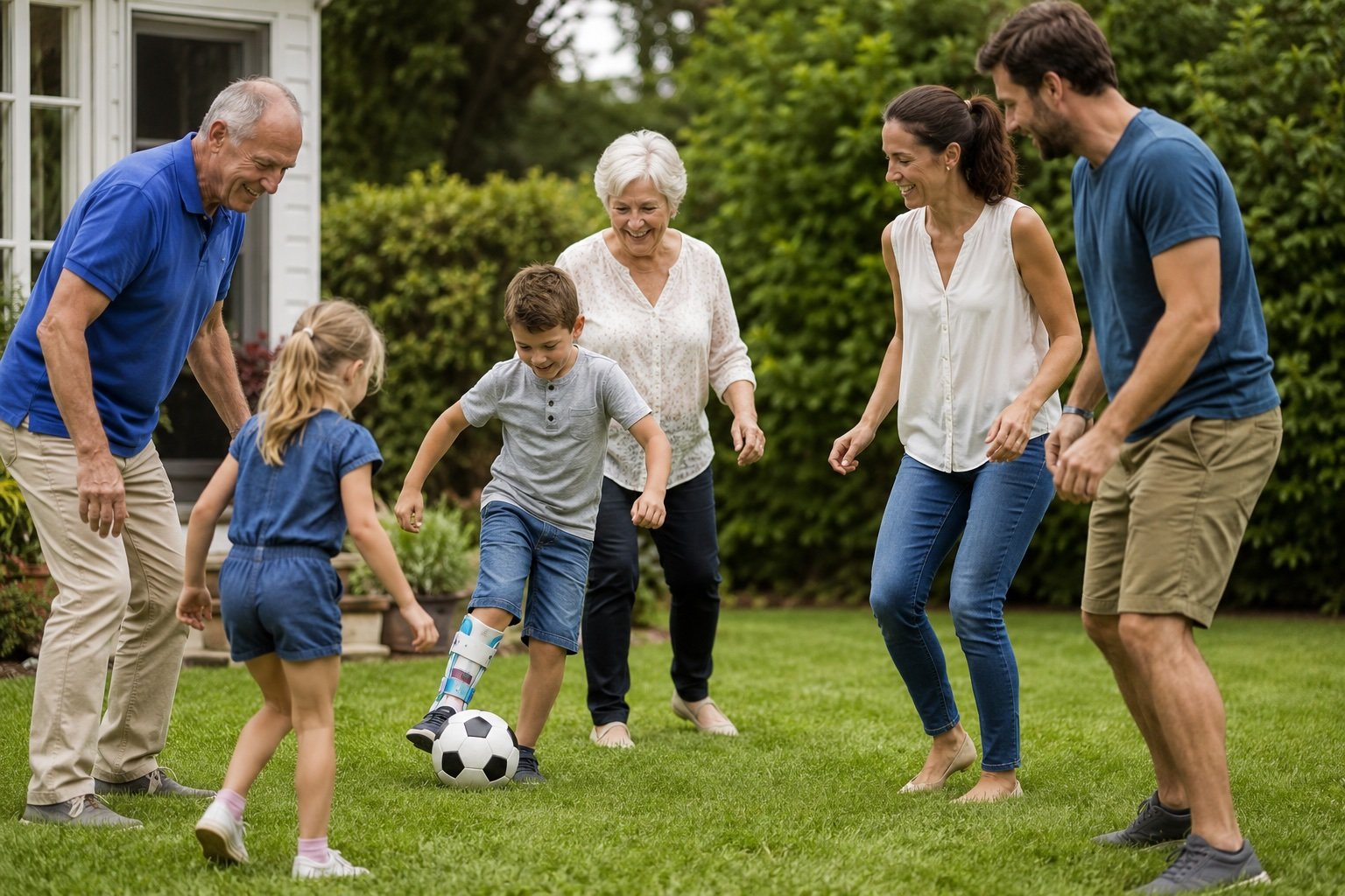 Family playing soccer in their backyard on a sunny day, surrounded by green bushes and trees.