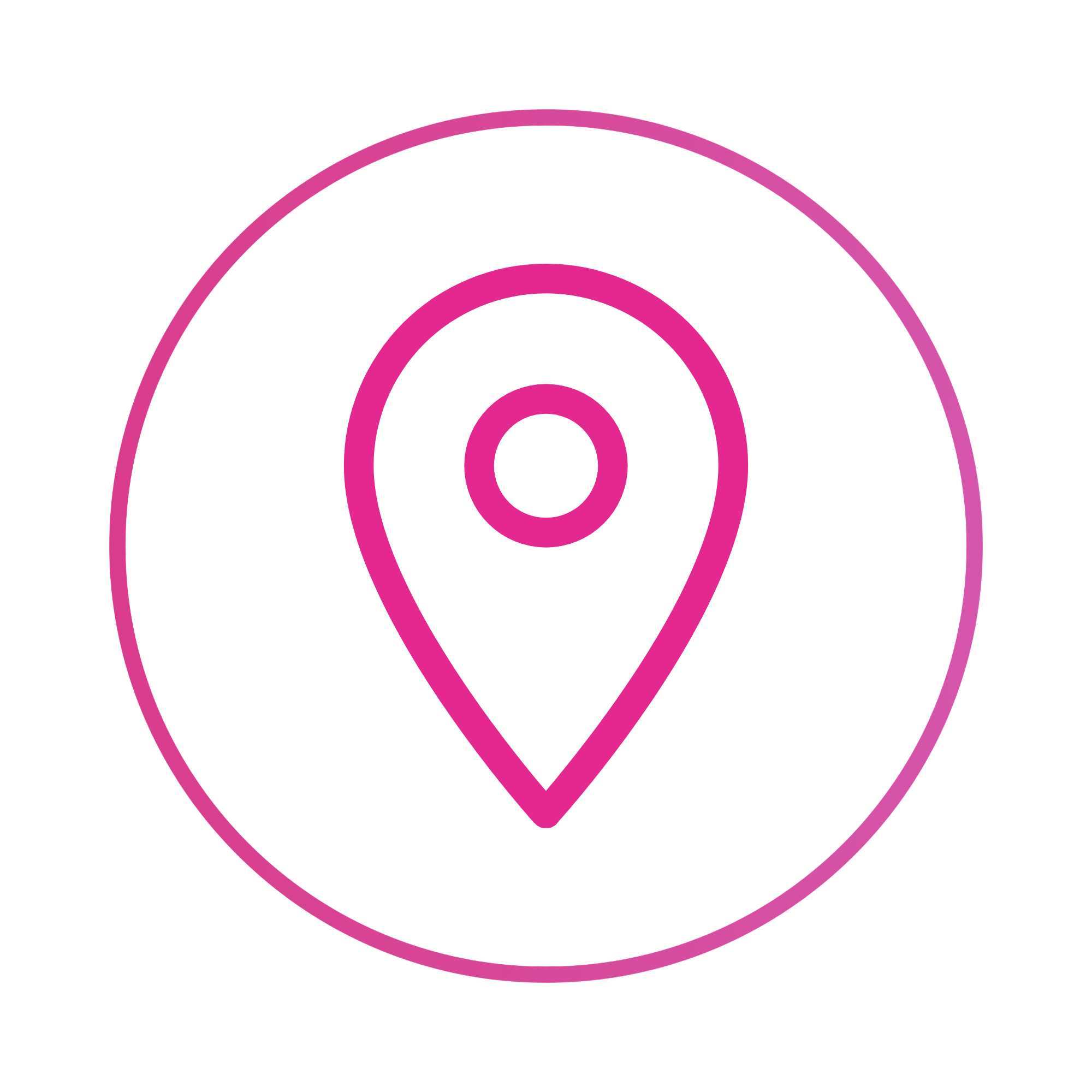 A pink bullseye target on a black background with a pink location pin overlapping it.