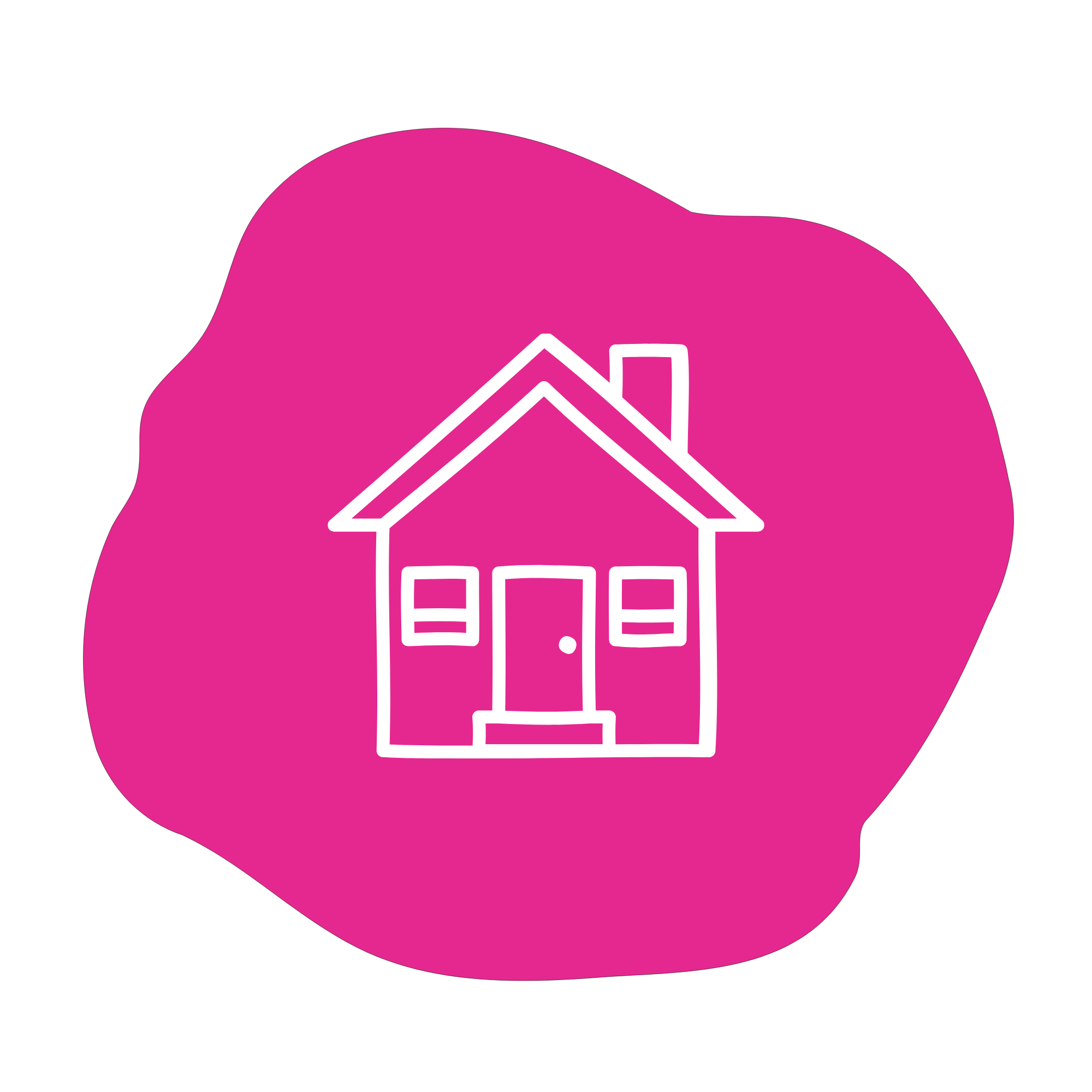 Line drawing of a small house with a triangular roof, chimney, and two windows, outlined in white on a pink irregularly shaped background.