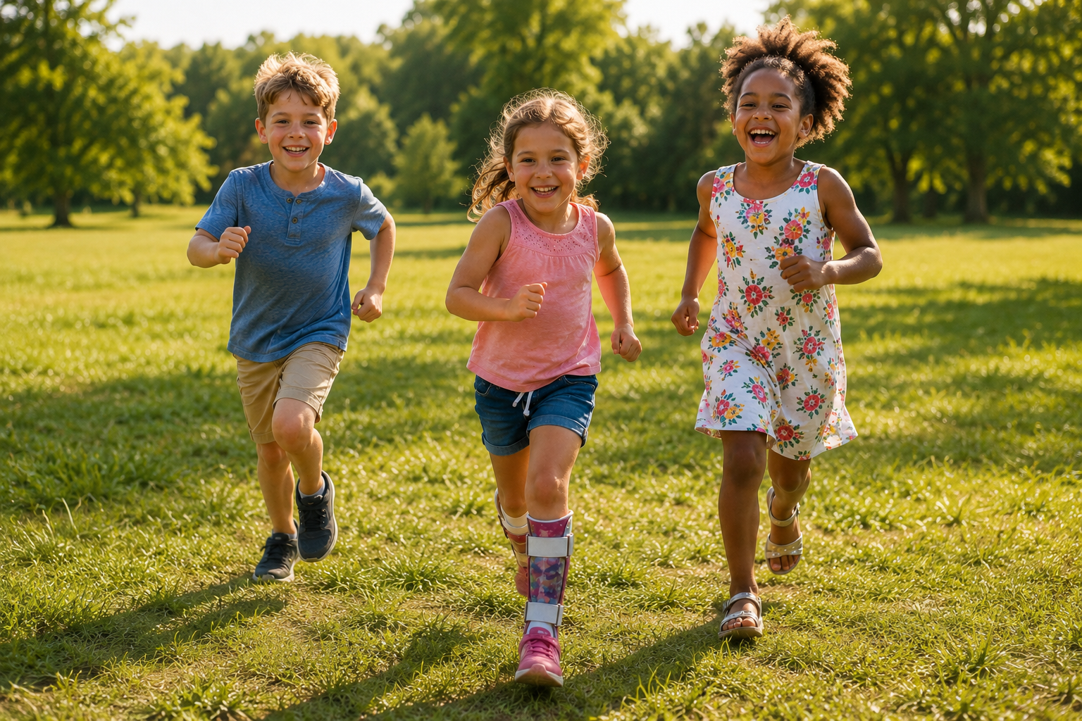 Three children, a boy and two girls, running and smiling in a lush green park during daytime.