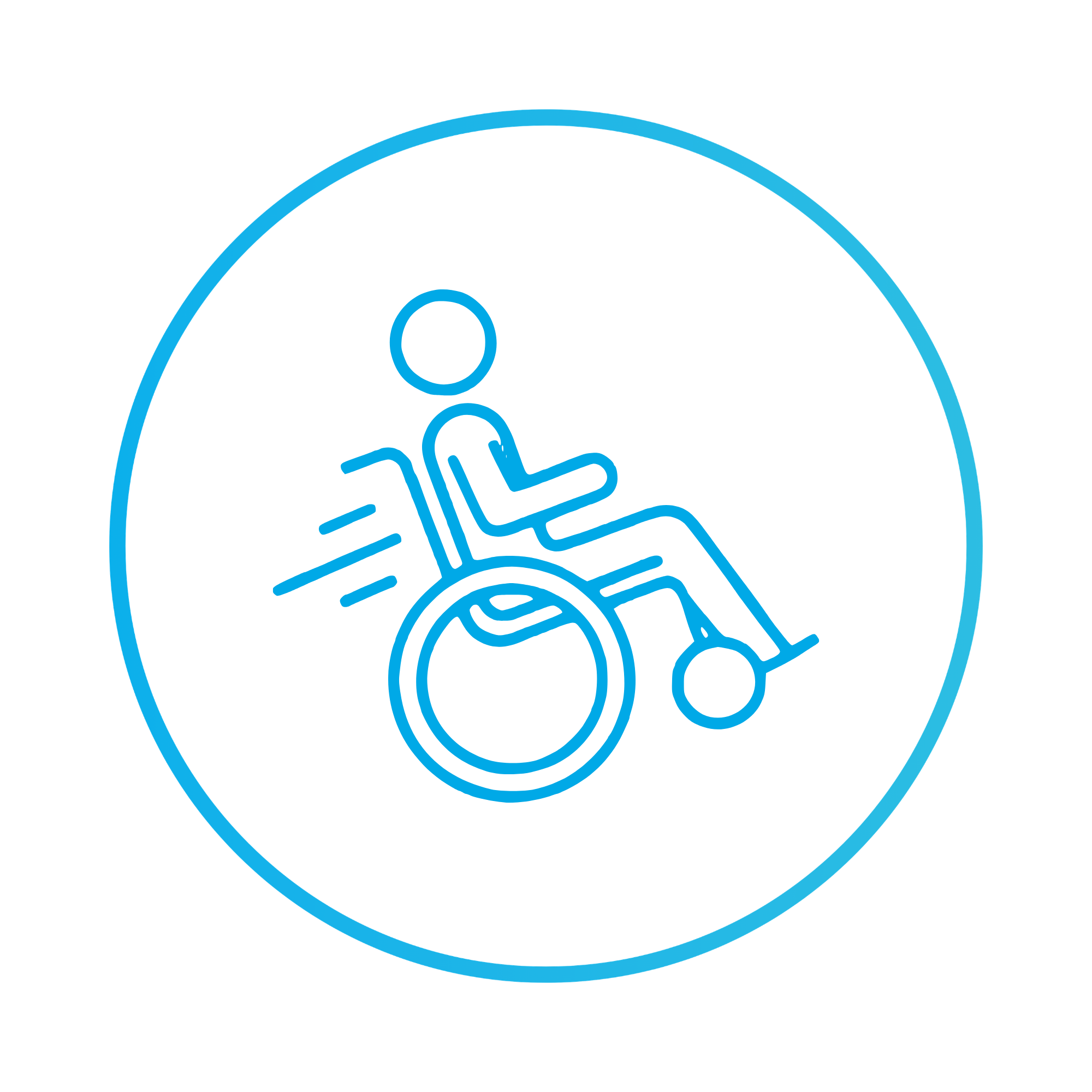 Line drawing of a person sitting in a wheelchair.