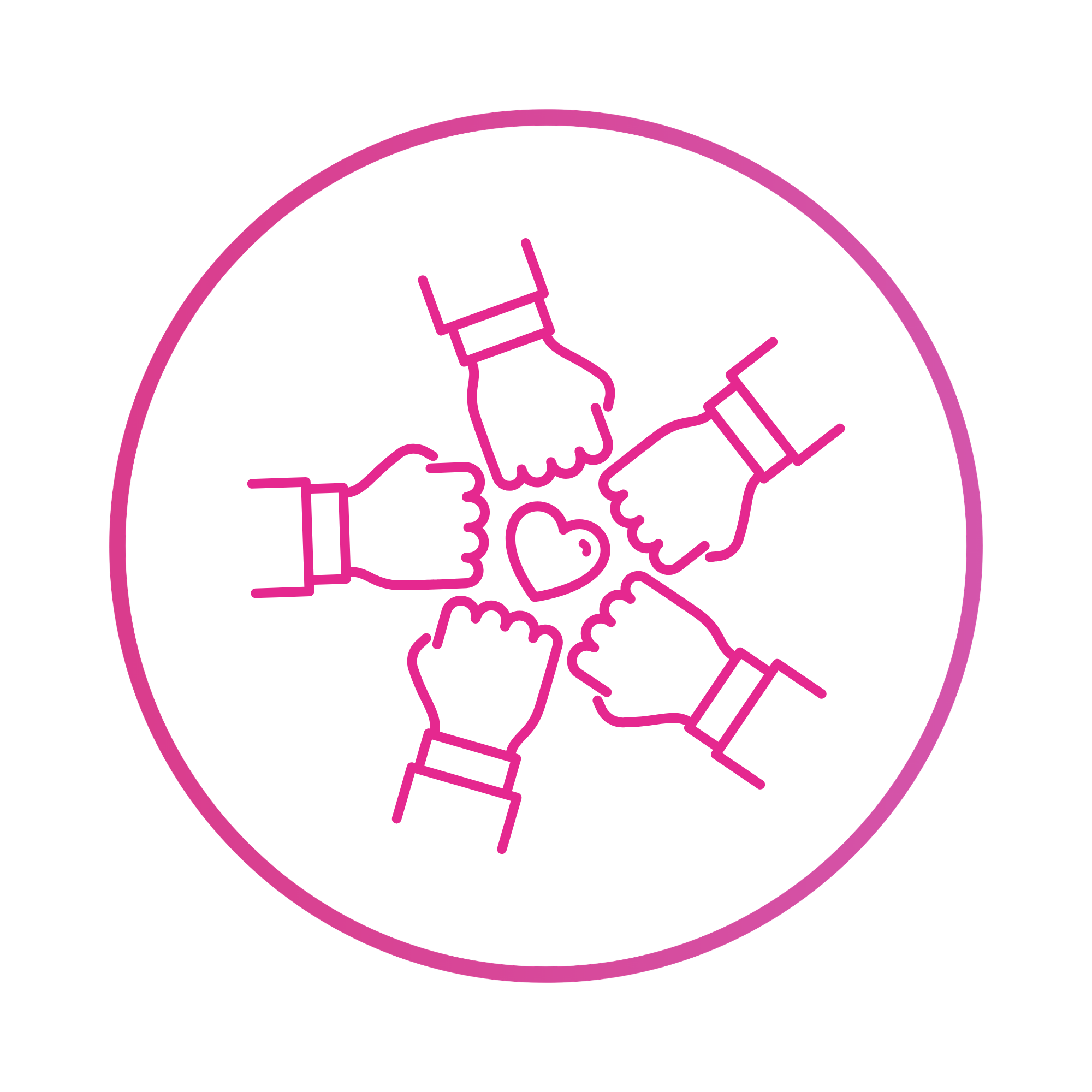 Neon pink outline of a handshake inside a circular border on a black background.