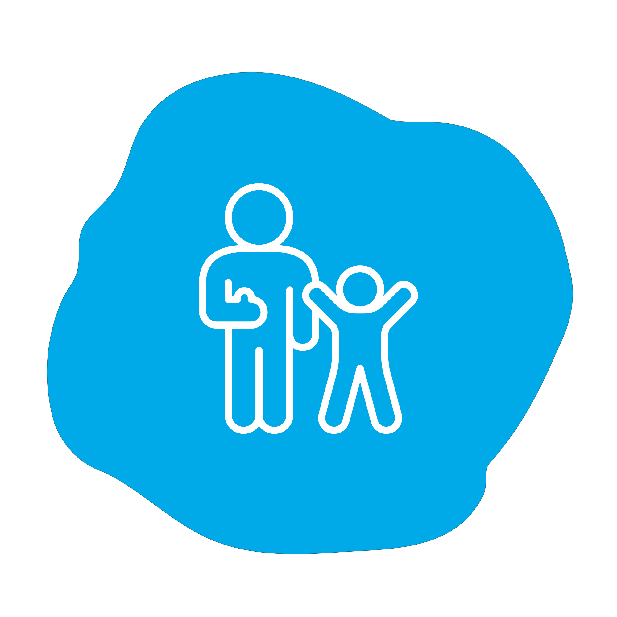 Outline of a person with two children holding hands on a blue background.