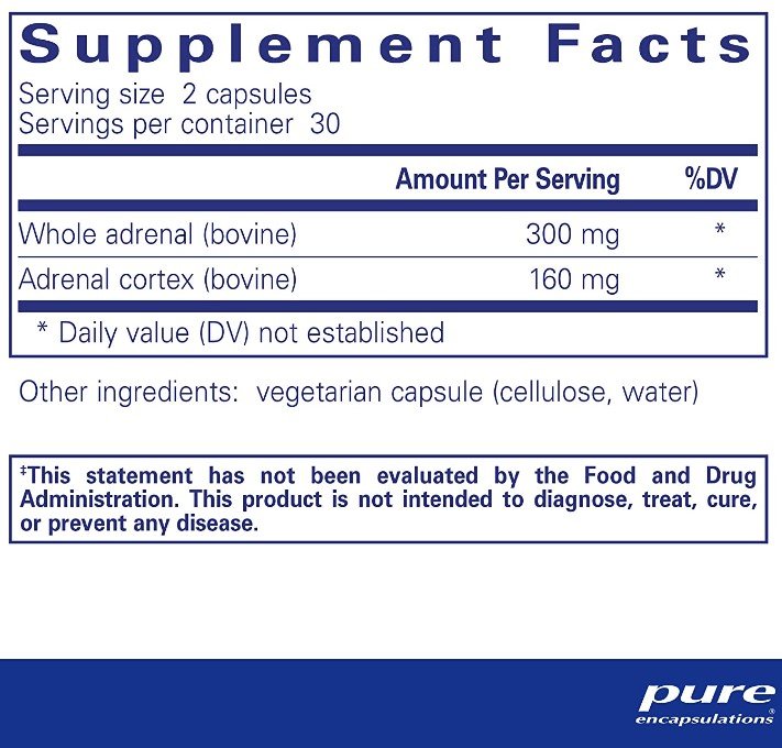 Pure Encapsulations Adrenal Supplement (back). Click on image to buy on Amazon now.