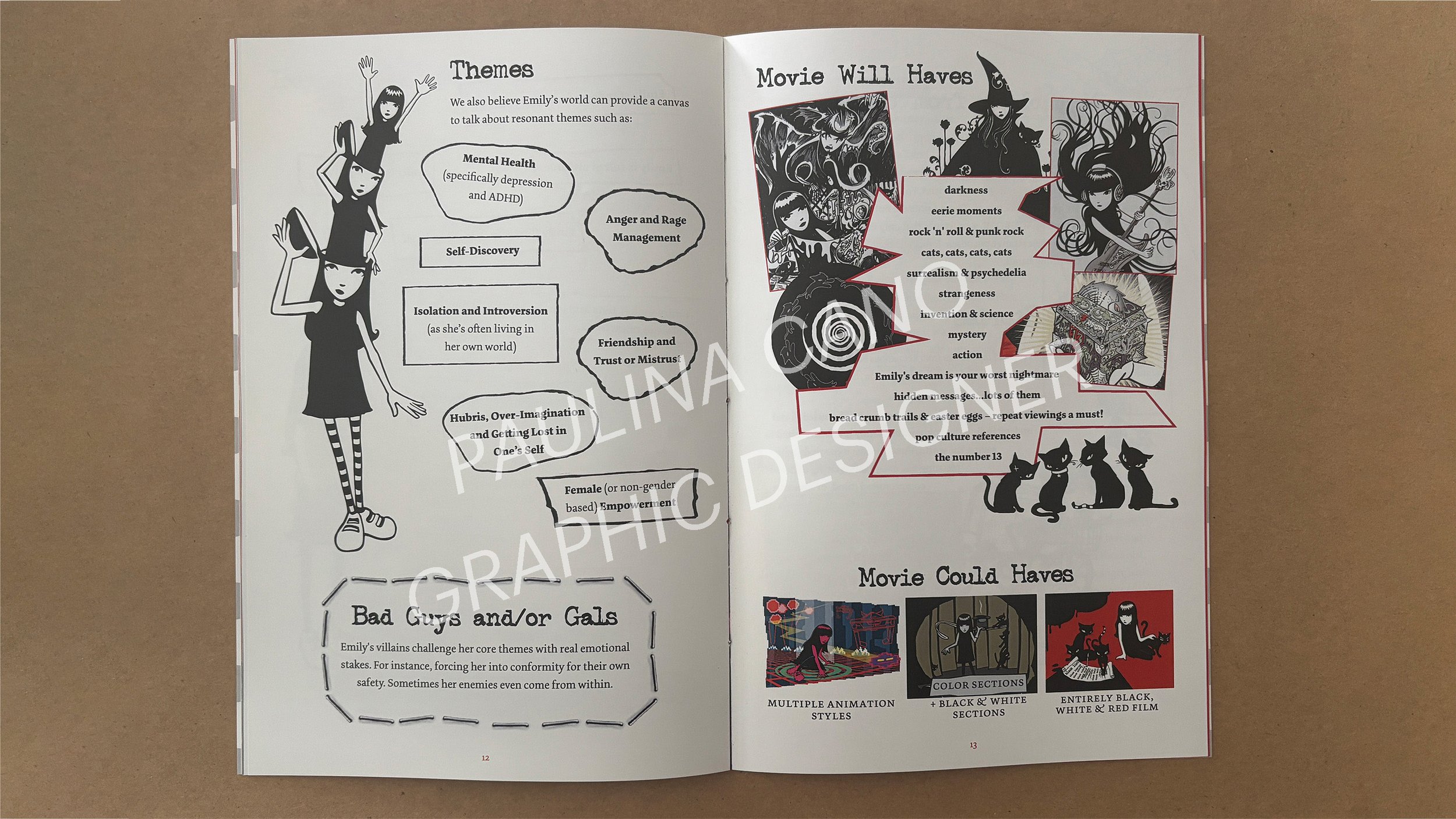 Open magazine spread with black and white illustrations and text discussing themes, movie ideas, and characteristics related to a character named Emily. The left page features a girl with multiple arms, with sections on themes like mental health, ang