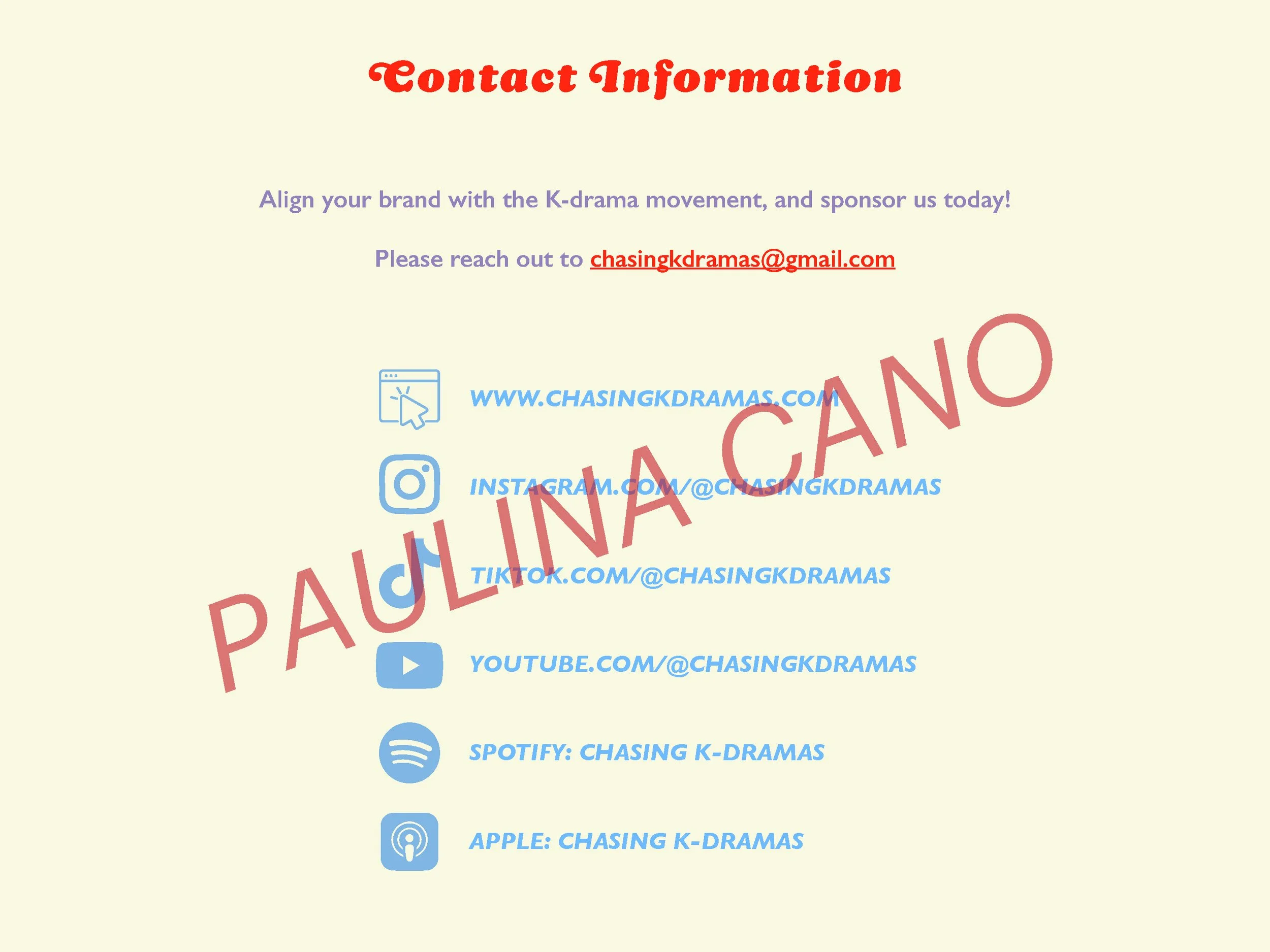 Contact information for a K-drama brand promotion, including email and social media handles 