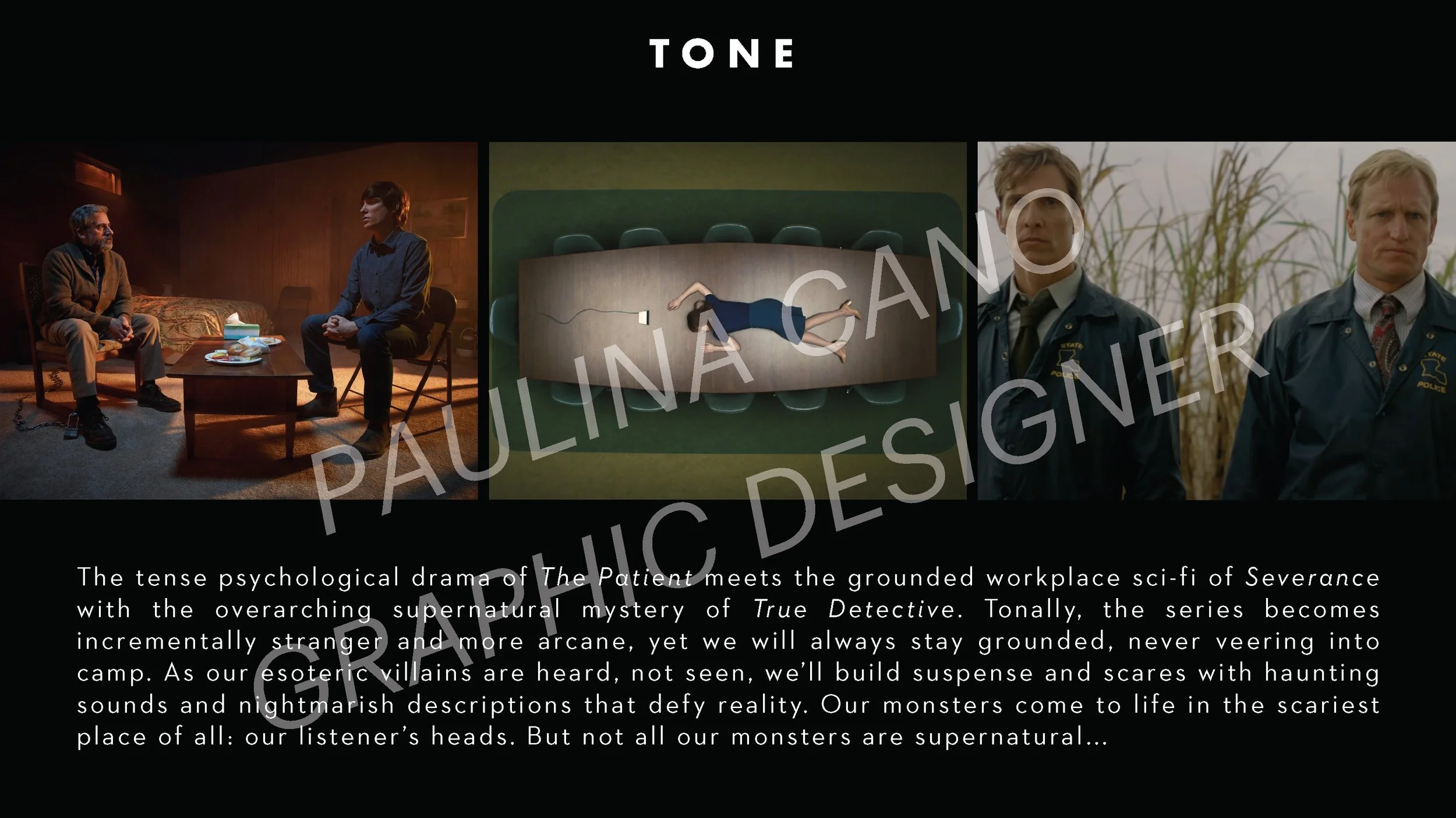 A collage of three scenes from a series titled "Tone." The first scene shows two men in a dimly lit room, sitting across from each other at a coffee table, having a conversation. The second scene is an overhead shot of a woman lying on a long dining 