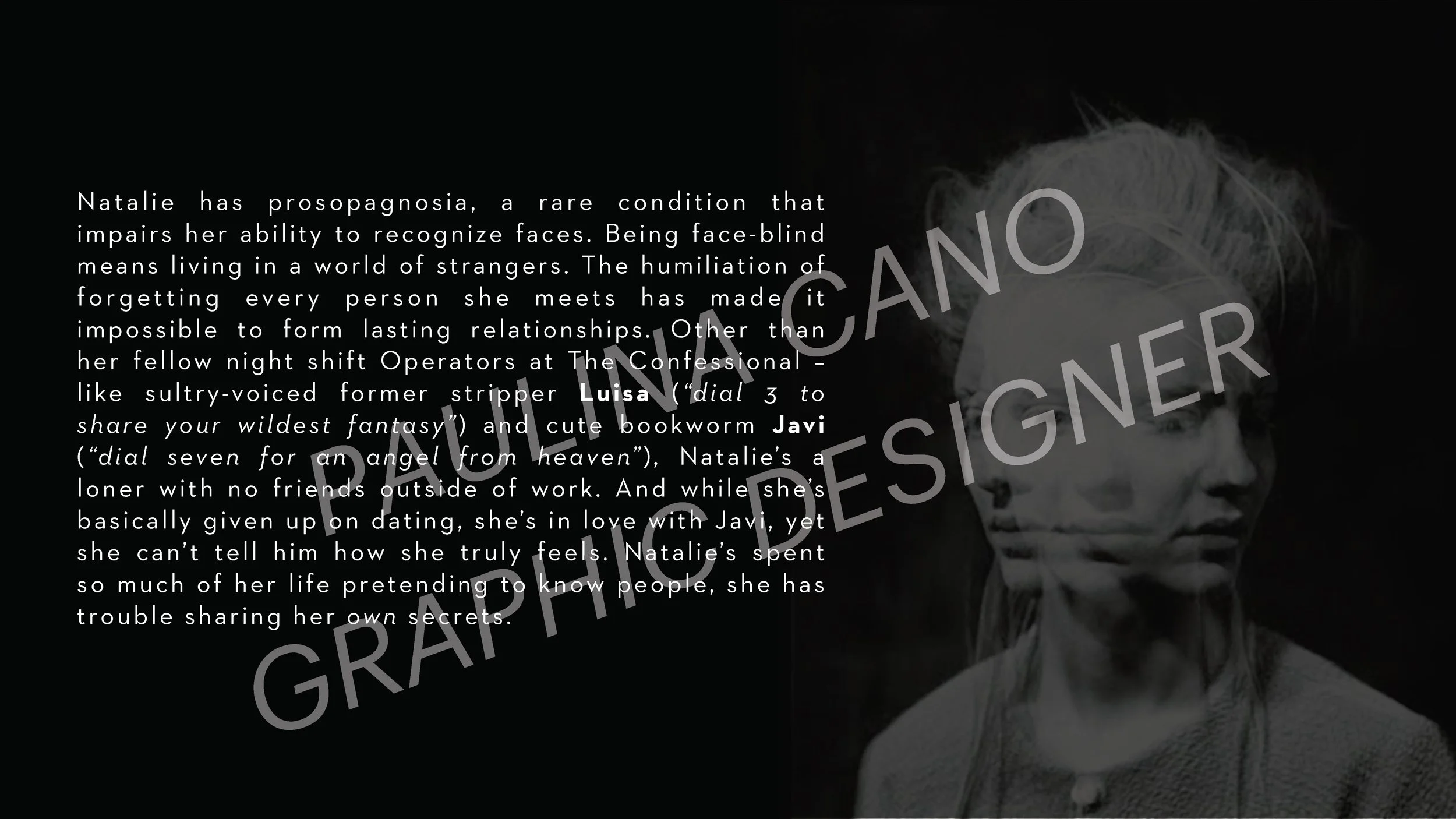 Text about Natalie who has prosopagnosia, explaining her difficulty recognizing faces and relationships involving her work as a night shift operator, her love for a co-worker named Javi, and her struggles with sharing personal feelings, accompanied b