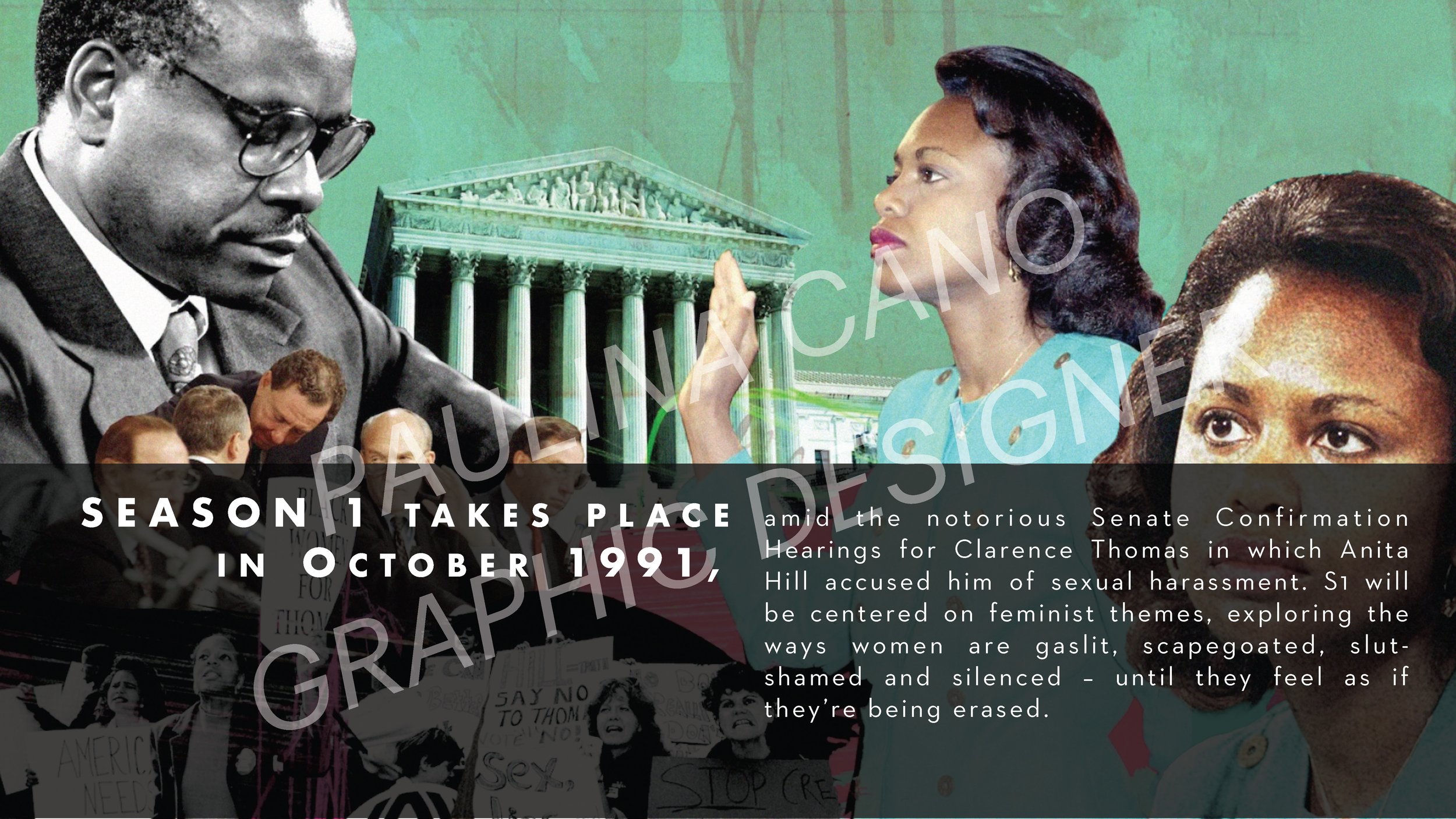 Historical collage featuring a Black man in a suit, a woman with dark hair, and another woman with brown hair, with the U.S. Capitol building in the background, and a protest scene with women holding signs, overlaid with text about the 1991 Clarence 