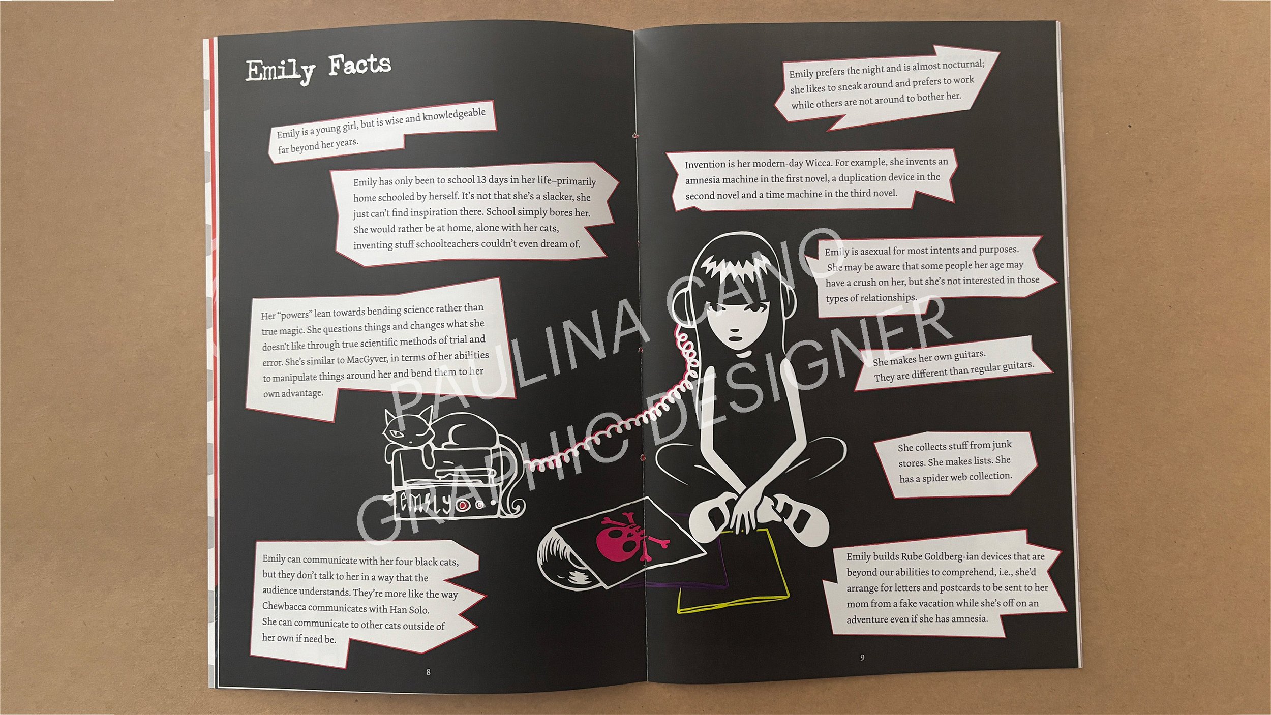 Open magazine spread with a black background featuring white and colorful illustrations and text about a girl named Emily, including a drawing of Emily with black hair, sitting cross-legged, surrounded by cats, a guitar, and various objects, with sev