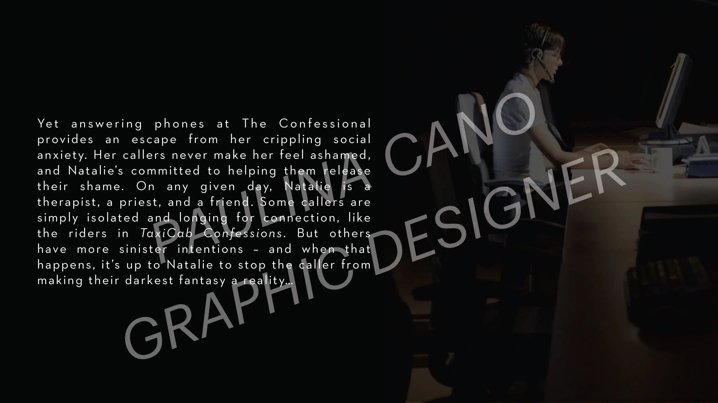 A woman wearing a headset sits at a desk working on a computer, with a dark background; overlaid text describes her work managing social anxiety and helping callers, mentioning her role as a therapist, priest, and friend.