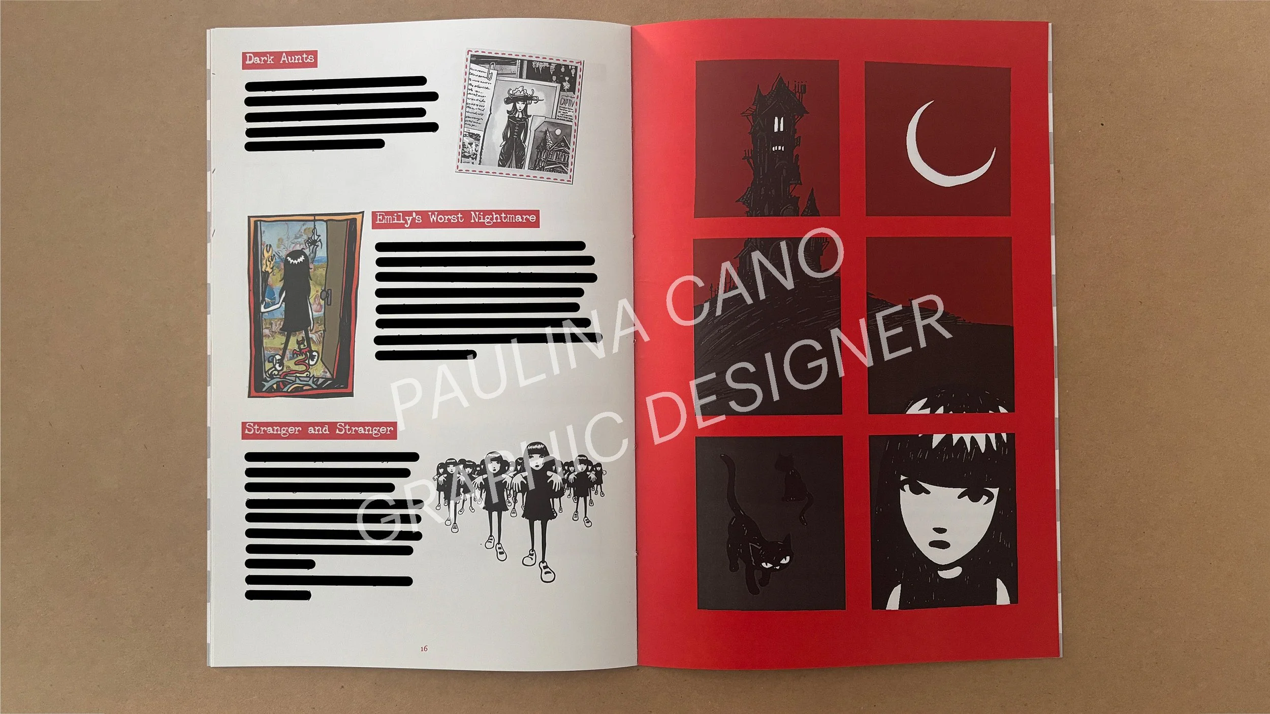 Open magazine spread featuring blacked-out text, comic-style illustrations, and red backgrounds with black and white graphic images of a haunted house, a crescent moon, a hill, a creature, and a girl's face.