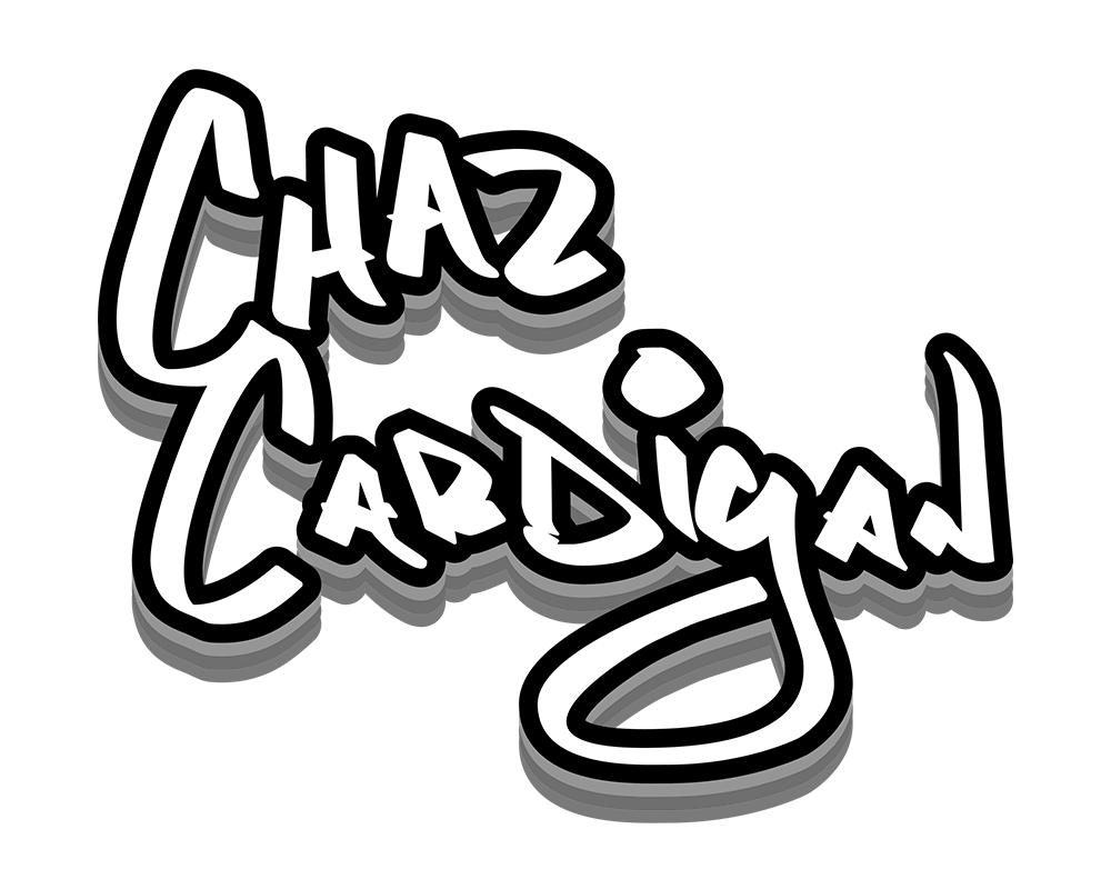 Stylized graffiti-style text reading 'Chaz Cardigan' with black, white, and gray color scheme.