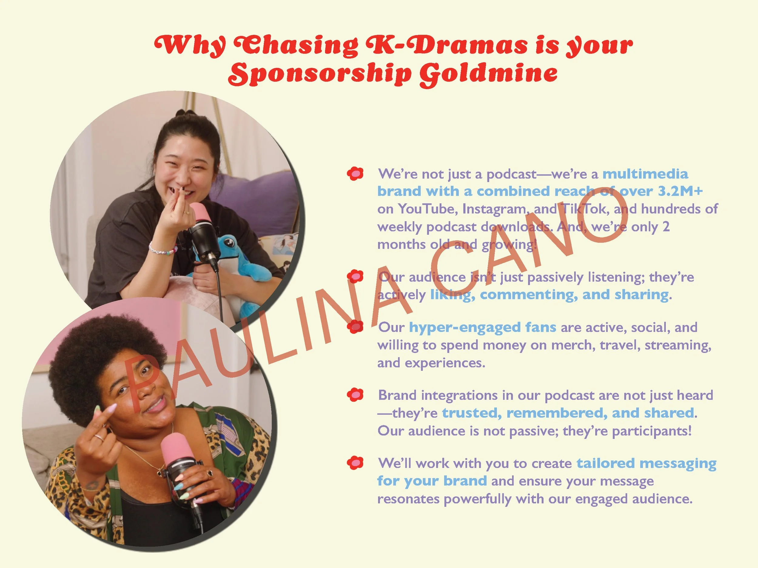 Two women speaking into microphones in a podcast studio. Overlaid text promoting a multimedia brand and podcast engagement strategies.