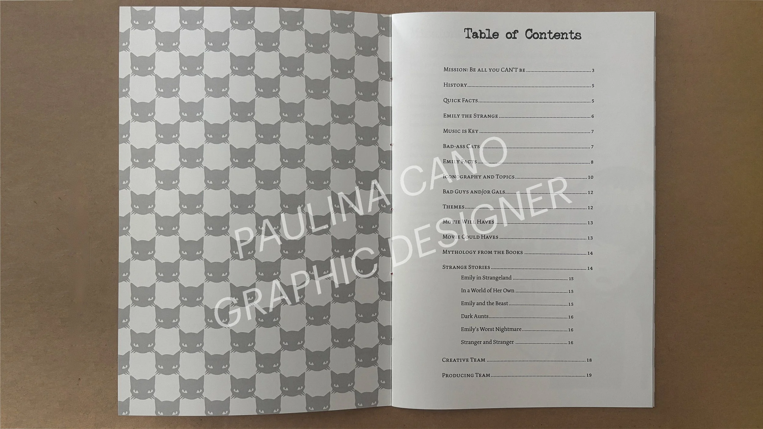 Open book showing a patterned cover with black cat faces on the left page and the table of contents on the right page.