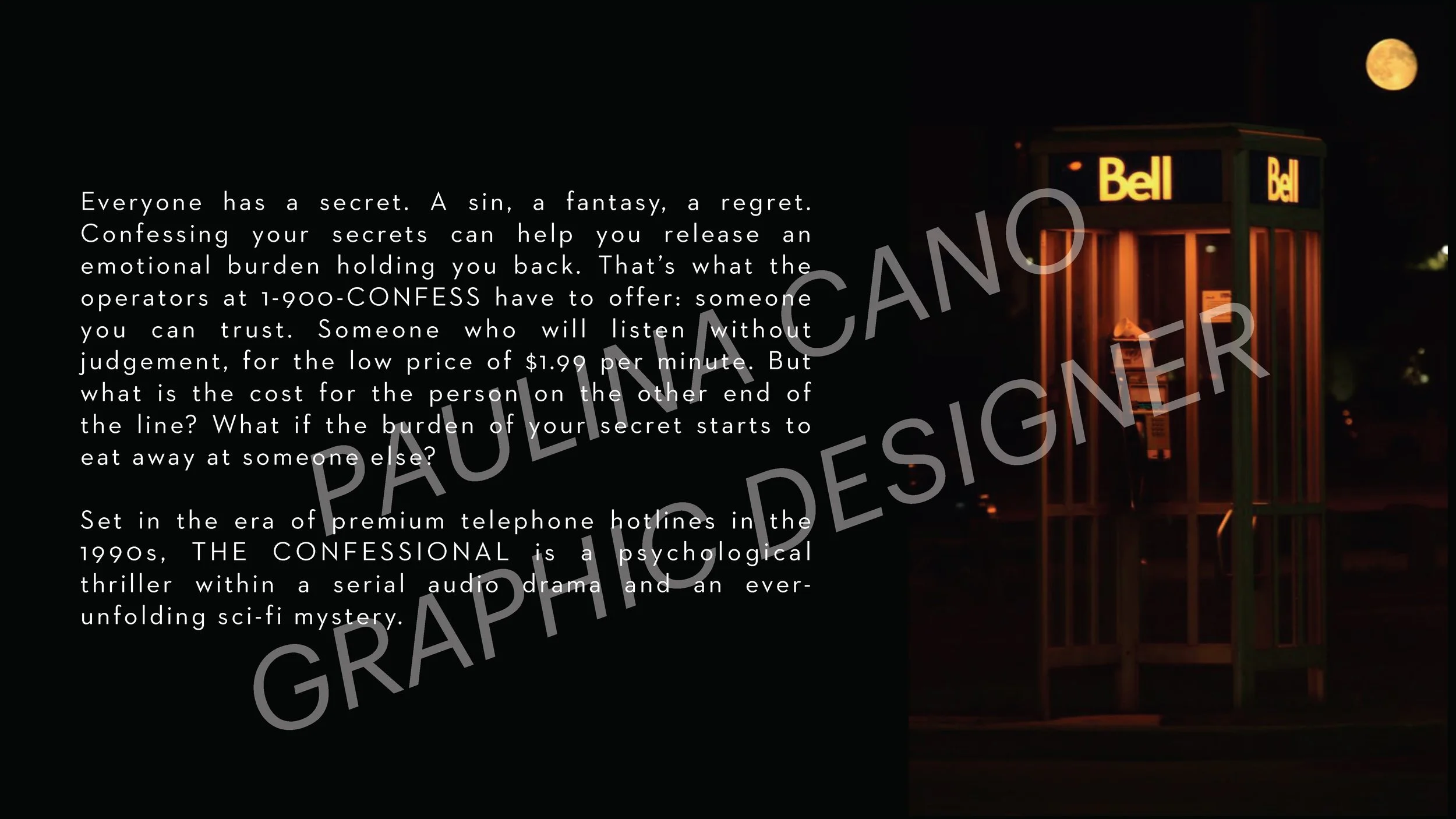 Black background with white text explaining the concept of confessing secrets to release burdens, referencing a telephone hotline in the 1990s, and a lit phone booth with a full moon in the sky.