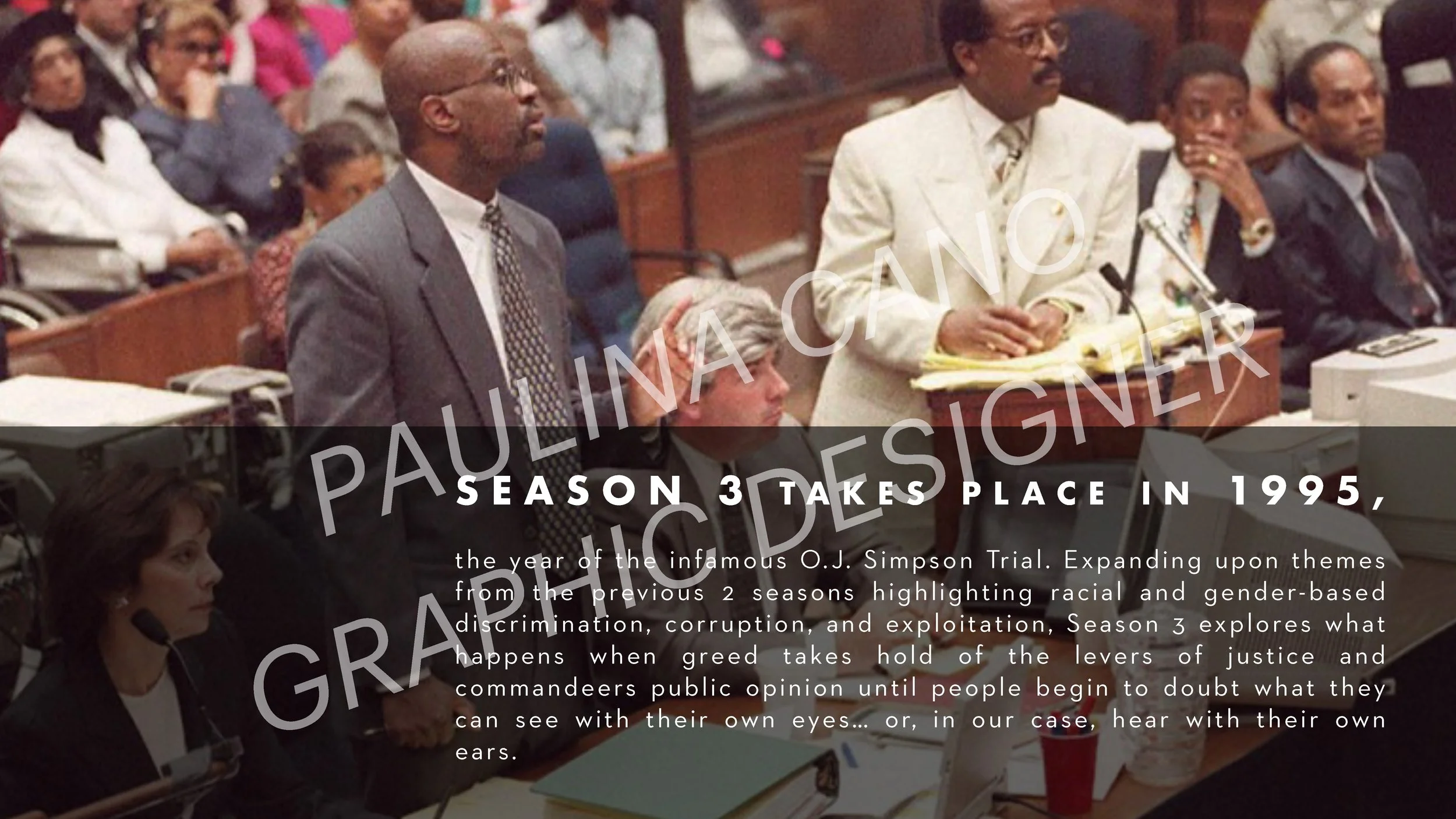 Scene inside a courtroom with lawyers and spectators listening, featuring a woman with a headset at a desk, a man in a gray suit standing, another man in a white suit holding papers, and other individuals seated behind them.