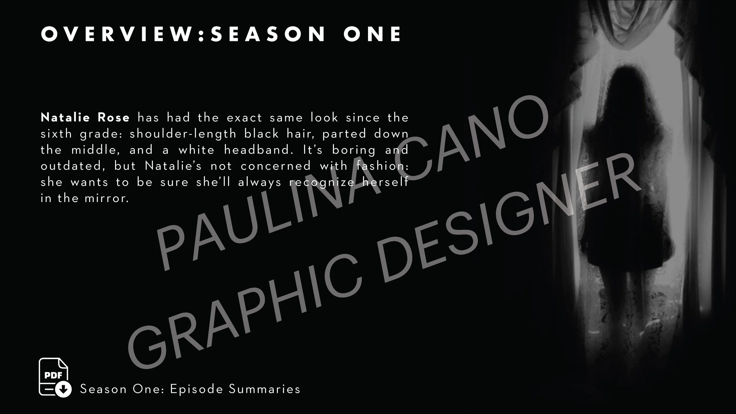 Season one overview page with a black background, white text, and a grayscale image of a woman in a dress standing in front of a mirror. The text introduces Natalie Rose and mentions her appearance since sixth grade, her hairstyle, and her desire for
