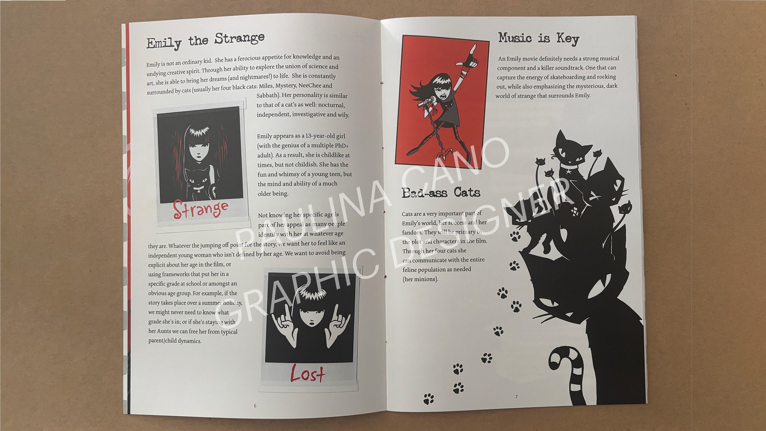 Open magazine with illustrated pages. Left page features a girl with black hair and bangs, with two Polaroid-style photos labeled "Strange" and "Lost." Right page has artwork of a girl with long hair and a microphone, labeled "Music is Key," and a si