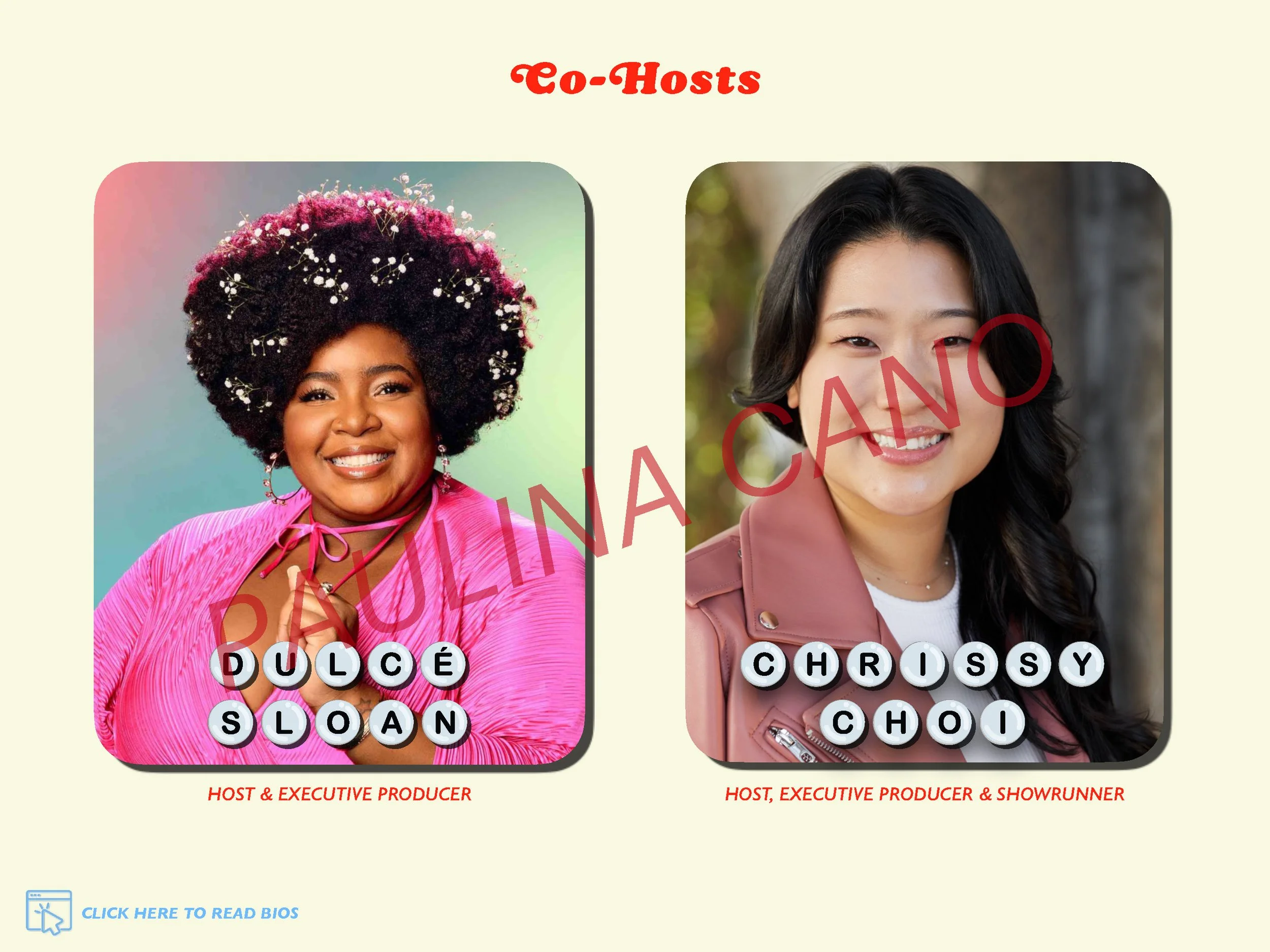 Photo of two women, one on the left with dark curly hair adorned with white flowers, smiling and wearing a pink outfit, and the one on the right with long dark hair, smiling, wearing a pink jacket. Text overlays identify them as co-hosts, with some r