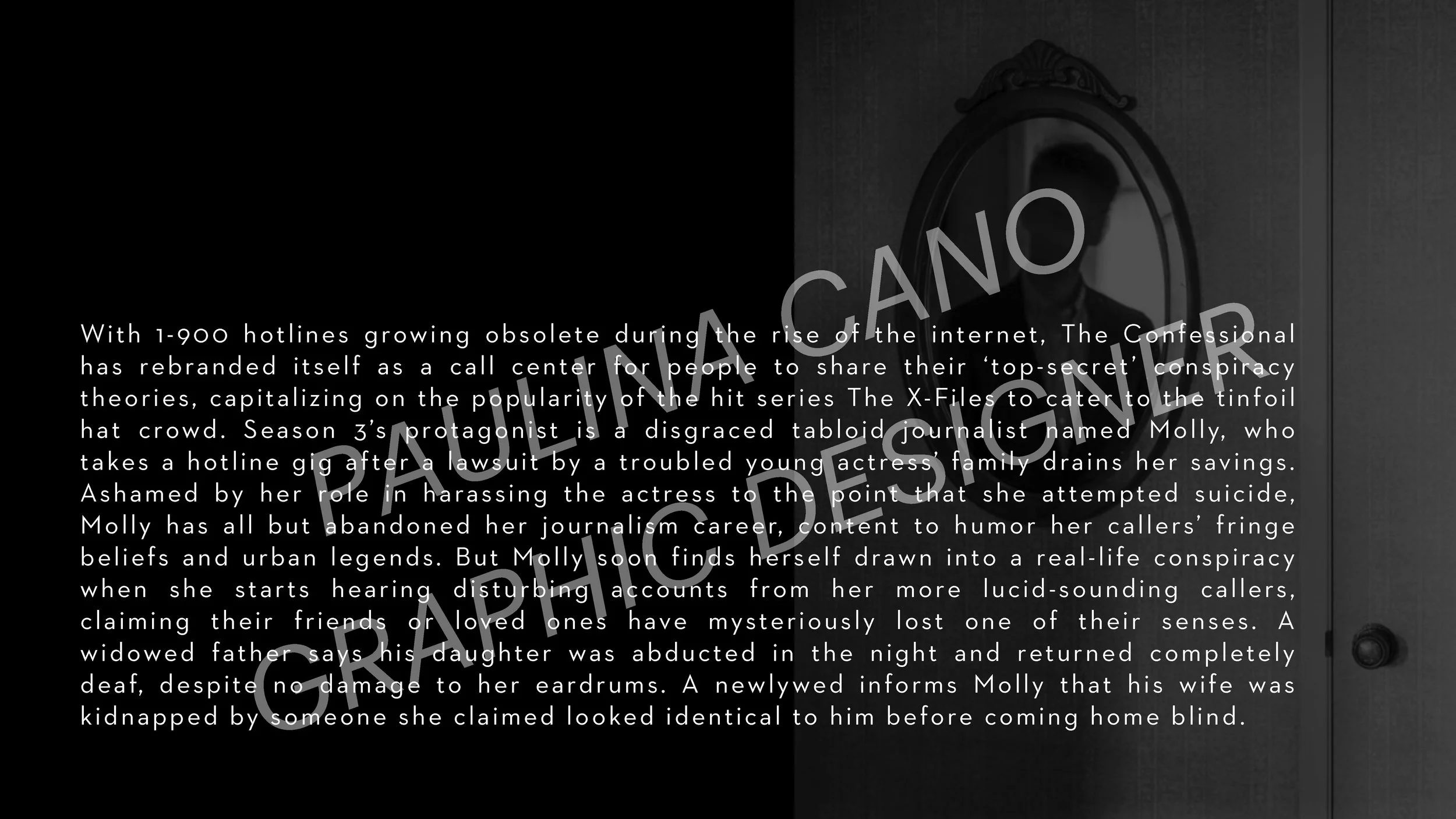 Black and white image of a person looking into a mirror with a gray watermark overlay. The person is partly visible in the background and is standing in front of a decorative mirror mounted on the wall.