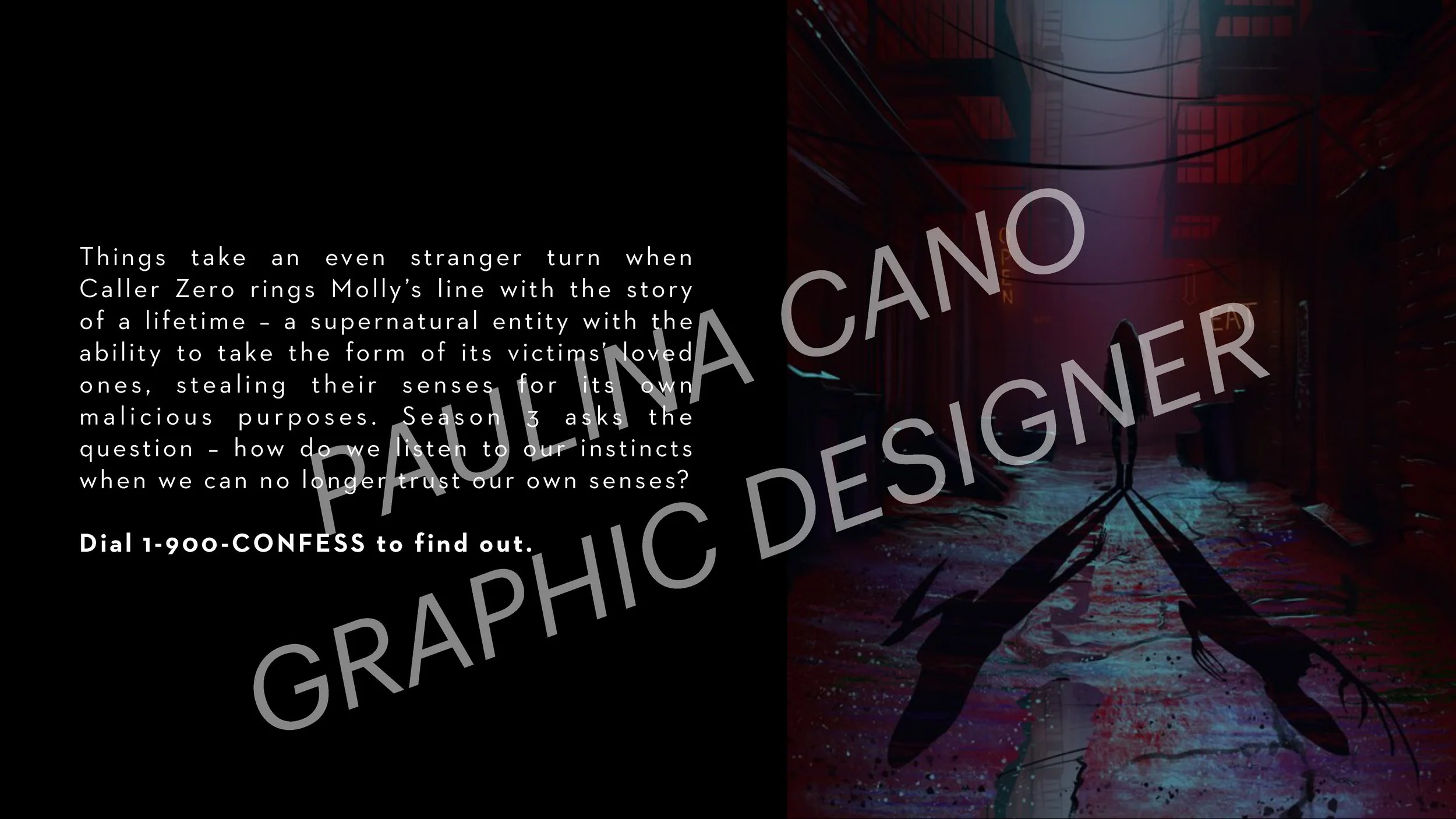 Dark alleyway with a shadowy creature hanging upside down, bloodstains on the ground, and red-lit buildings in the background. Overlaid text discusses supernatural entities and a storyline involving a supernatural force stealing senses.