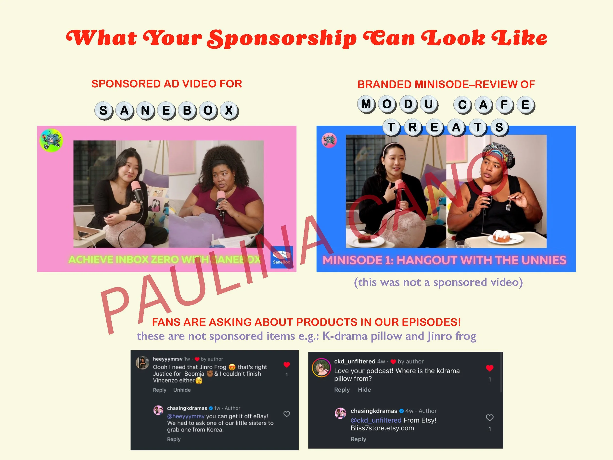 A promotional graphic with the bold red heading 'What Your Sponsorship Can Look Like', showing two sections: on the left, sponsored ad for SANEBOX featuring two women with pink background, and on the right, a branded miniso-review of MODU CAFE TREATS