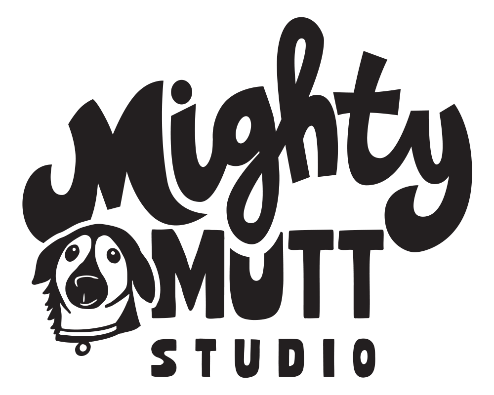Logo with stylized text saying "Mighty Mutt Studio" and a cartoon illustration of a dog's face.