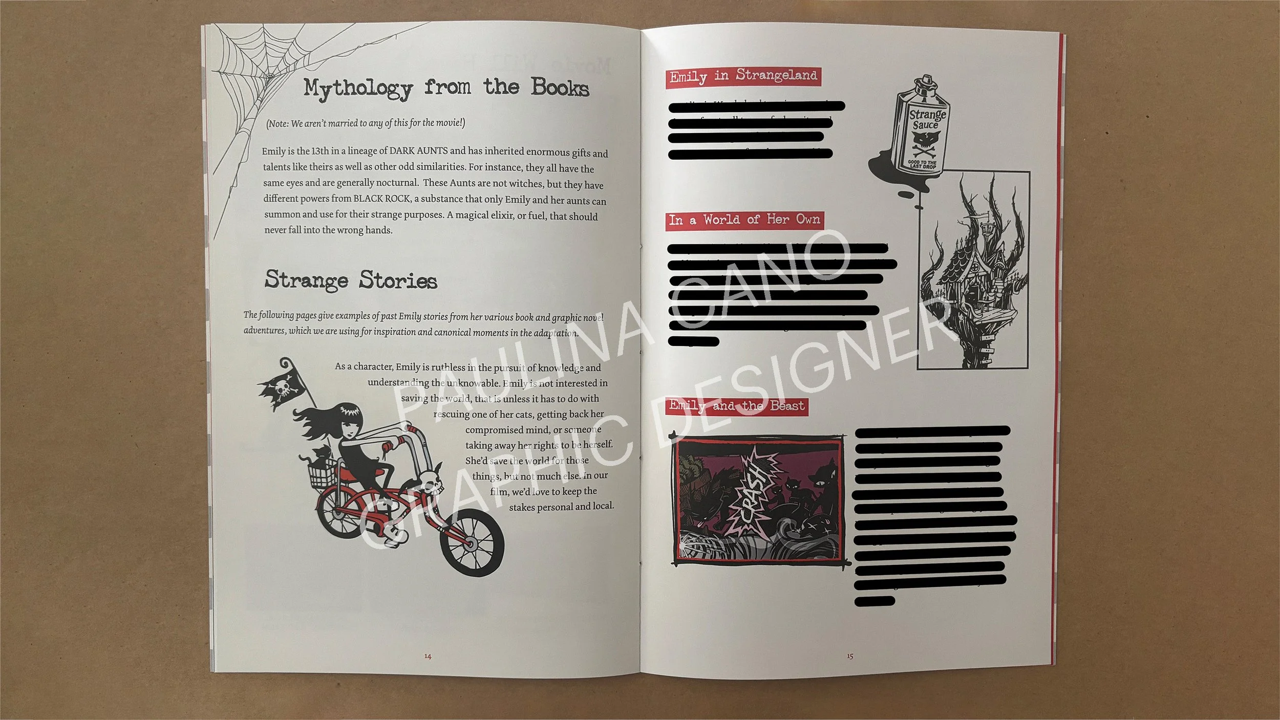 Open book with text on mythology and strange stories, a black-and-white illustration of a girl riding a bicycle with a cat in a basket, a small house on a tree, comic style art, and red highlighted headers.