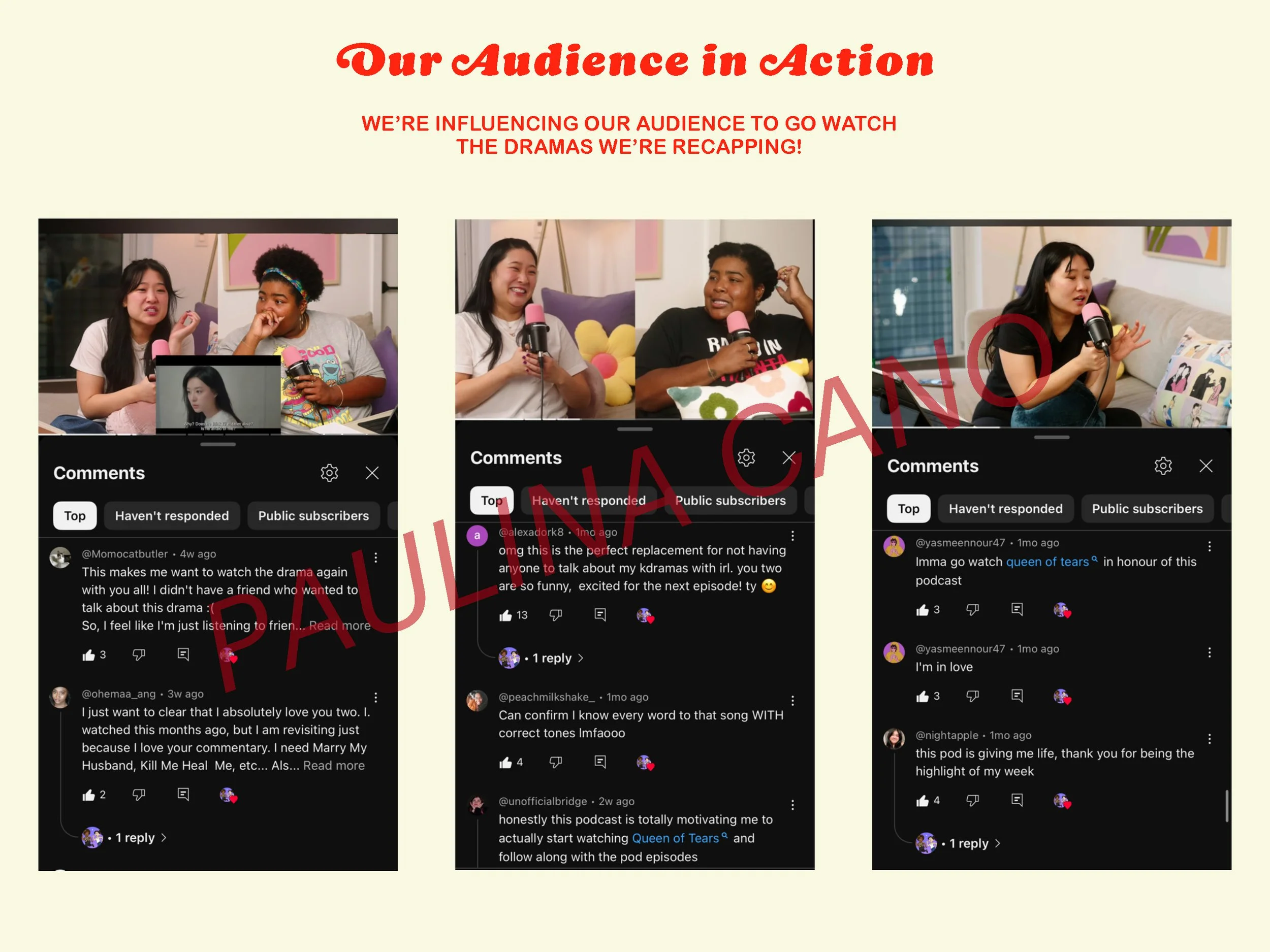 A collage of three screenshots showing people discussing a podcast and its impact, with comments praising the episode and expressing love for the hosts.