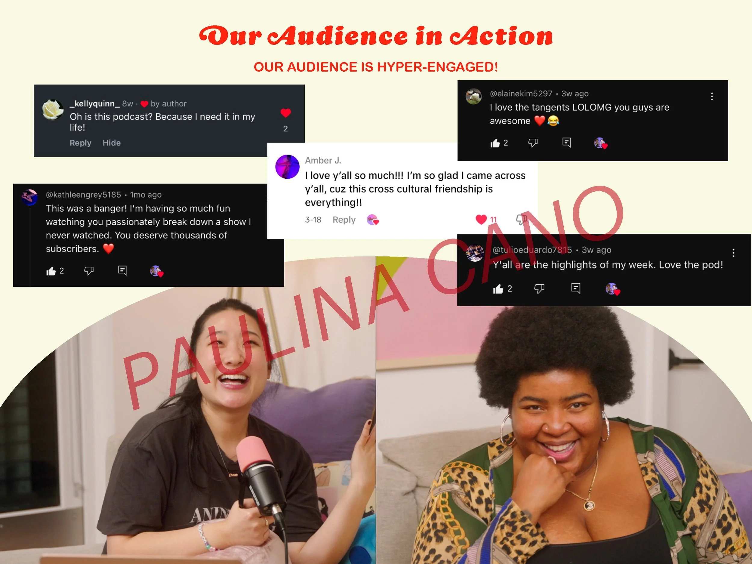 Collage of social media comments, with two women smiling and talking into microphones, and a large red text overlay saying 'PALLINACTION'.