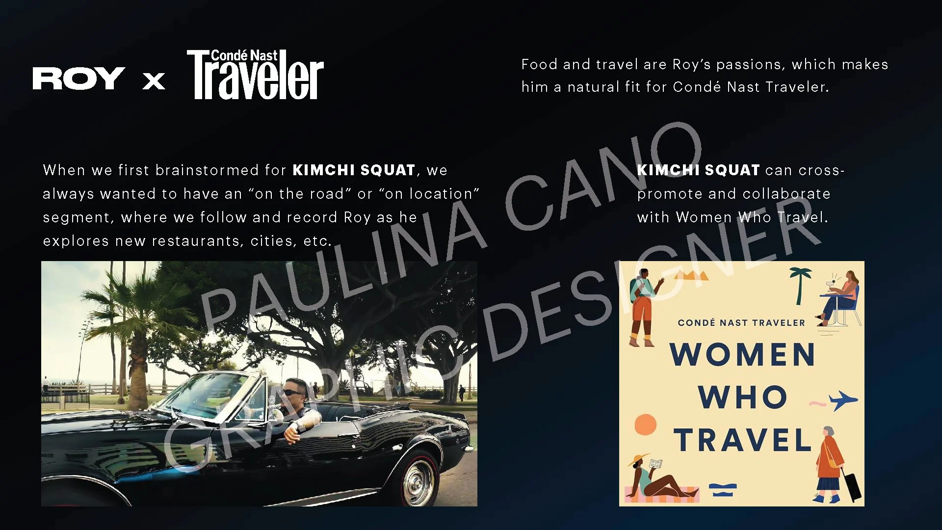 A promotional graphic for Roy and Condé Nast Traveler featuring a vintage black convertible car, a woman sitting at a table with coffee, and illustrations of women traveling with luggage and a suitcase, advertising a project called Women Who Travel.