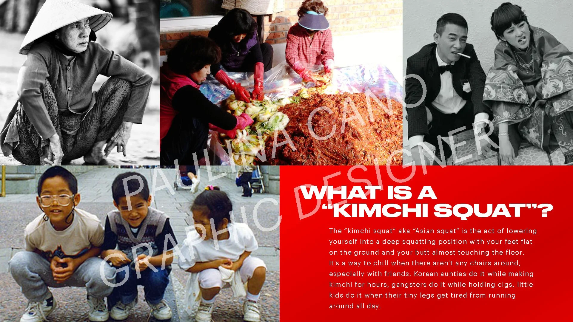 A collage of four images with a red section explaining what a 'kimchi squat' is. The images show people squatting, making kimchi, and children playing, with text explaining the concept of a 'kimchi squat' or 'Asian squat'.