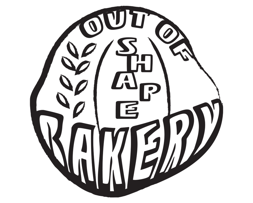 A black and white illustration of a bakery logo with the words 'OUT OF SHAPE BAKERY, featuring decorative leaves and stylized text.