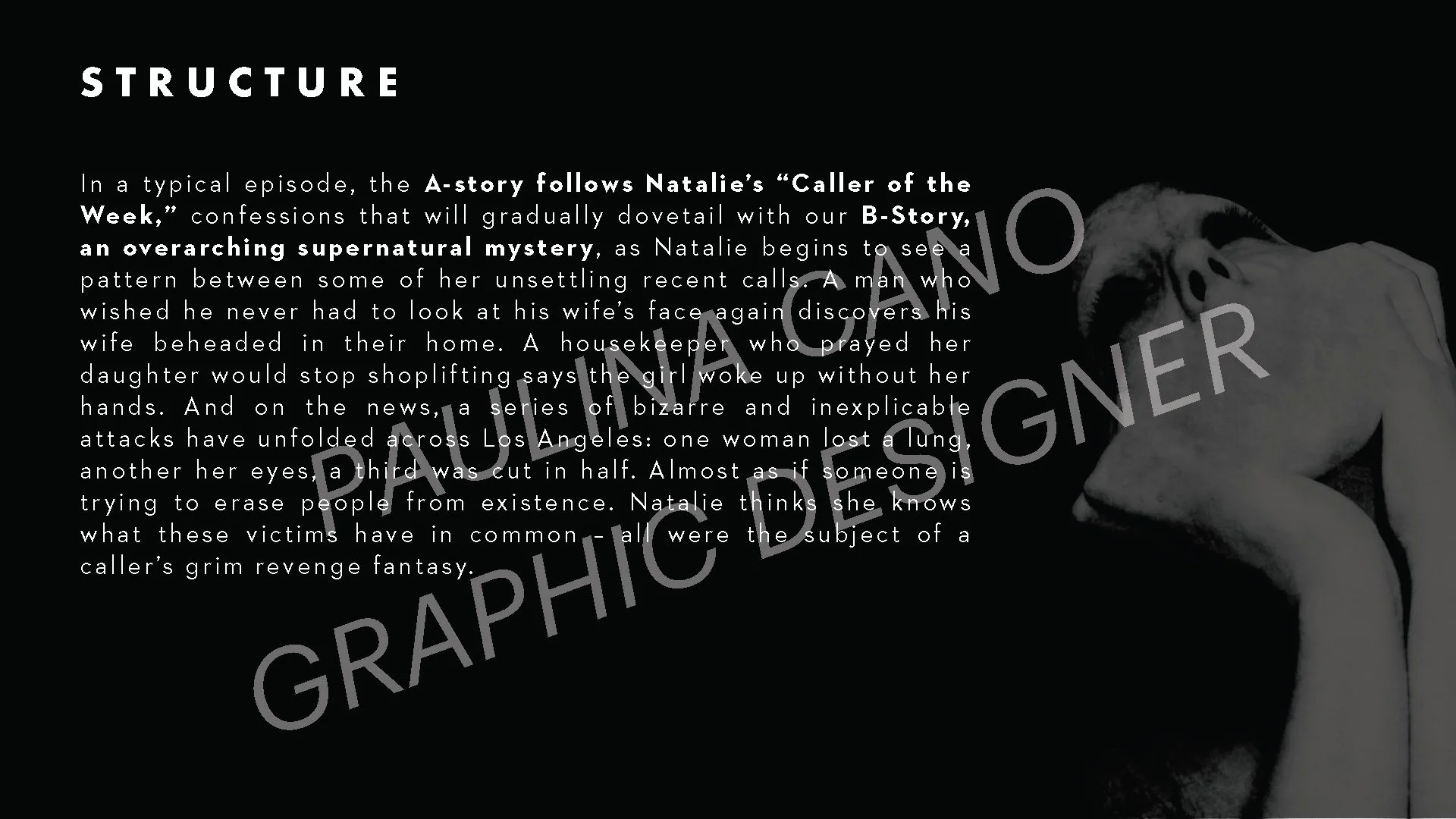 Black and white image of a woman with her hand on her forehead, partially covering her face, with text overlay explaining a story structure.