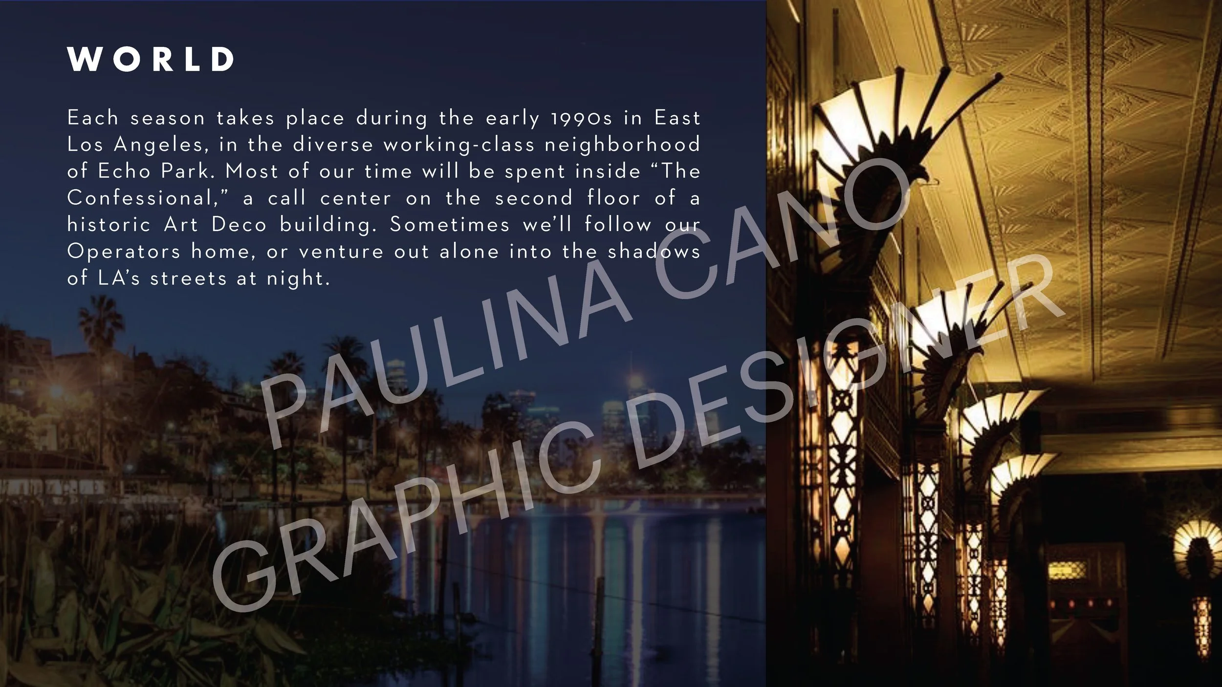 Text overlay on a dark blue background describing Echo Park neighborhood in Los Angeles, with an image of the park's waterfront and a historic Art Deco building interior featuring ornate light fixtures.